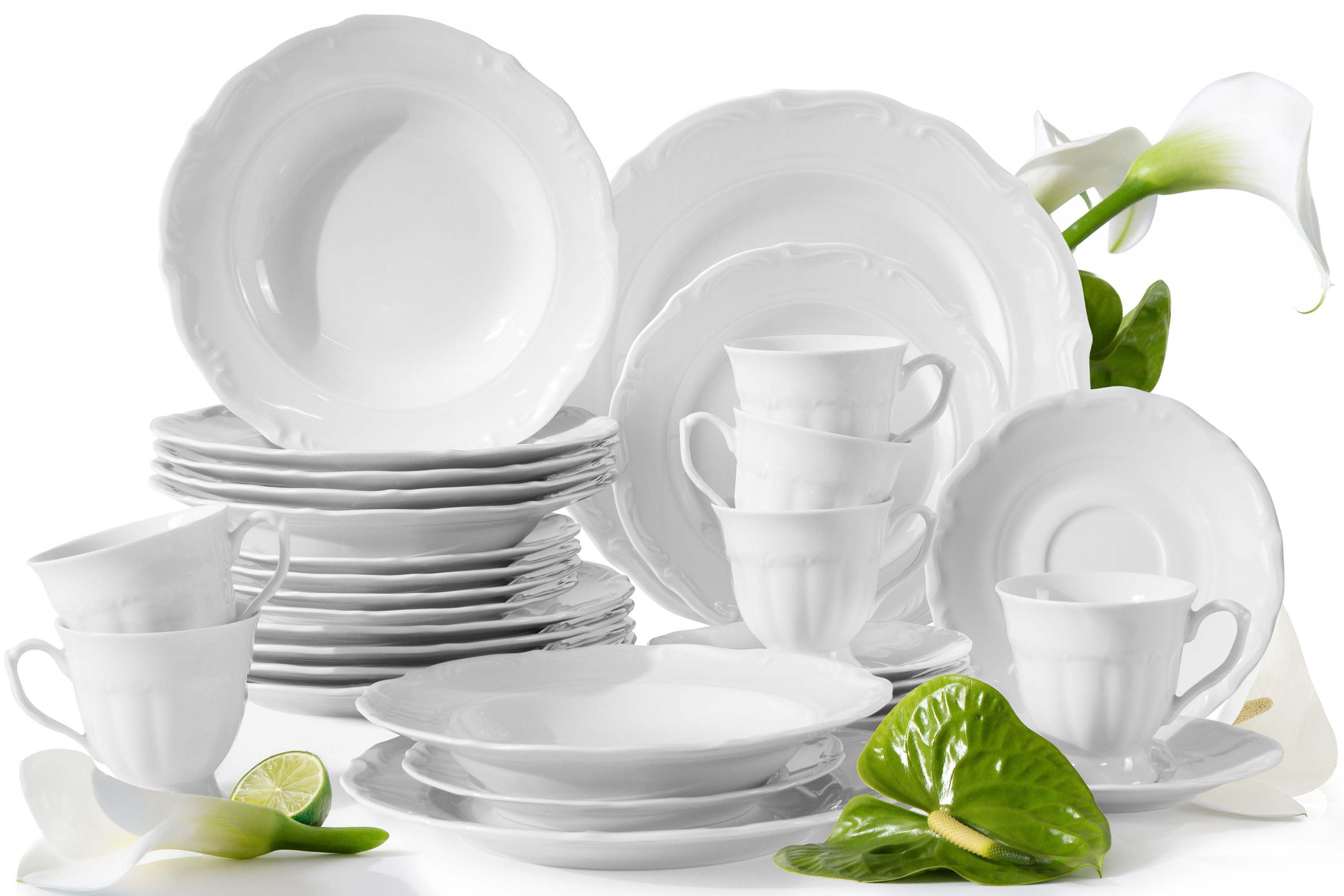 KONSIMO® Kombiservice CHODZIEZ MARIA TERESA Kaffeeservice, Hochwertiges Premium-Porzellan (30-tlg), 6 Personen, Porzellan, mit eleganten Verzierungen, handgefertigt