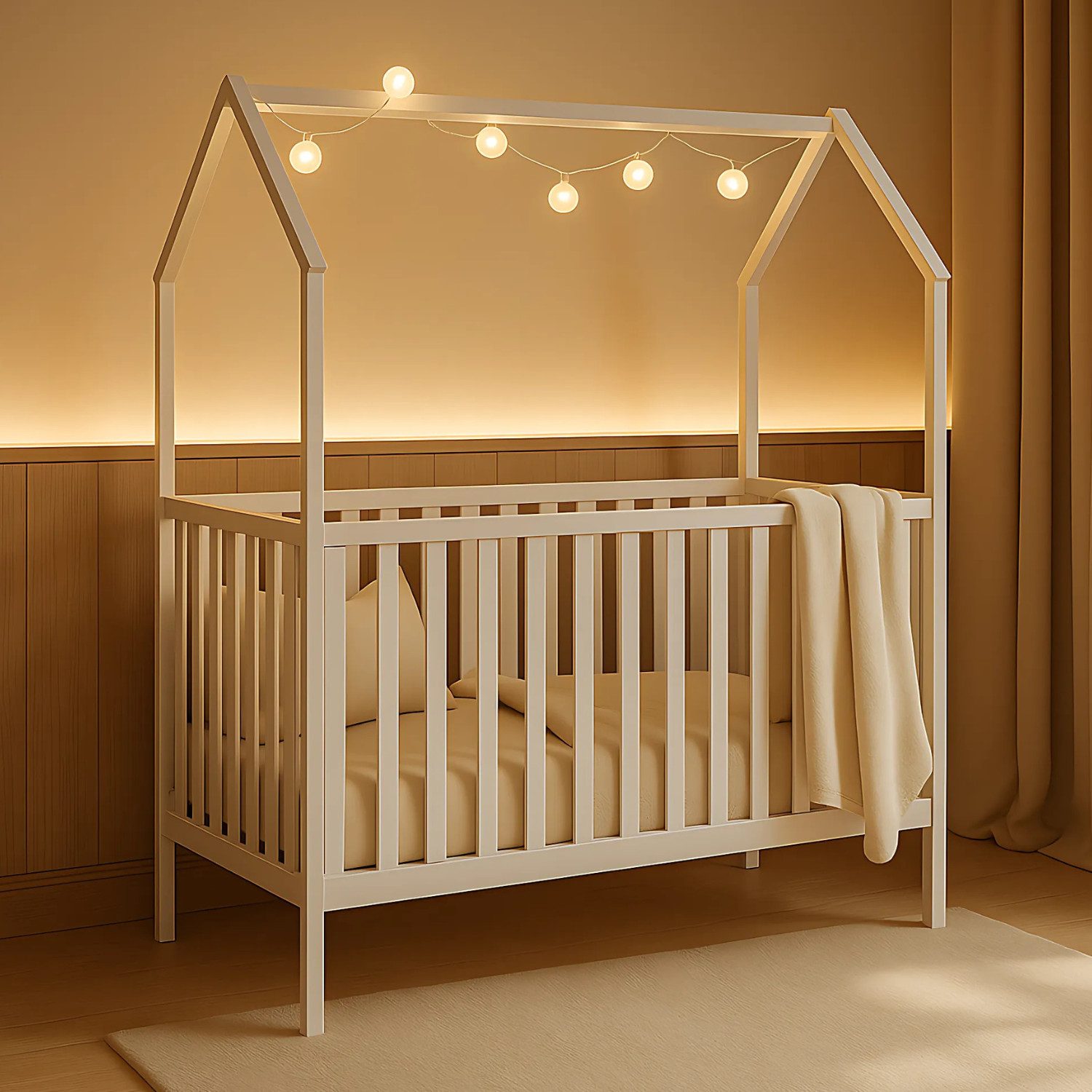 Babybett ELLA 60x120 cm aus Massivholz Kiefer Weiß – Höhenverstellbar