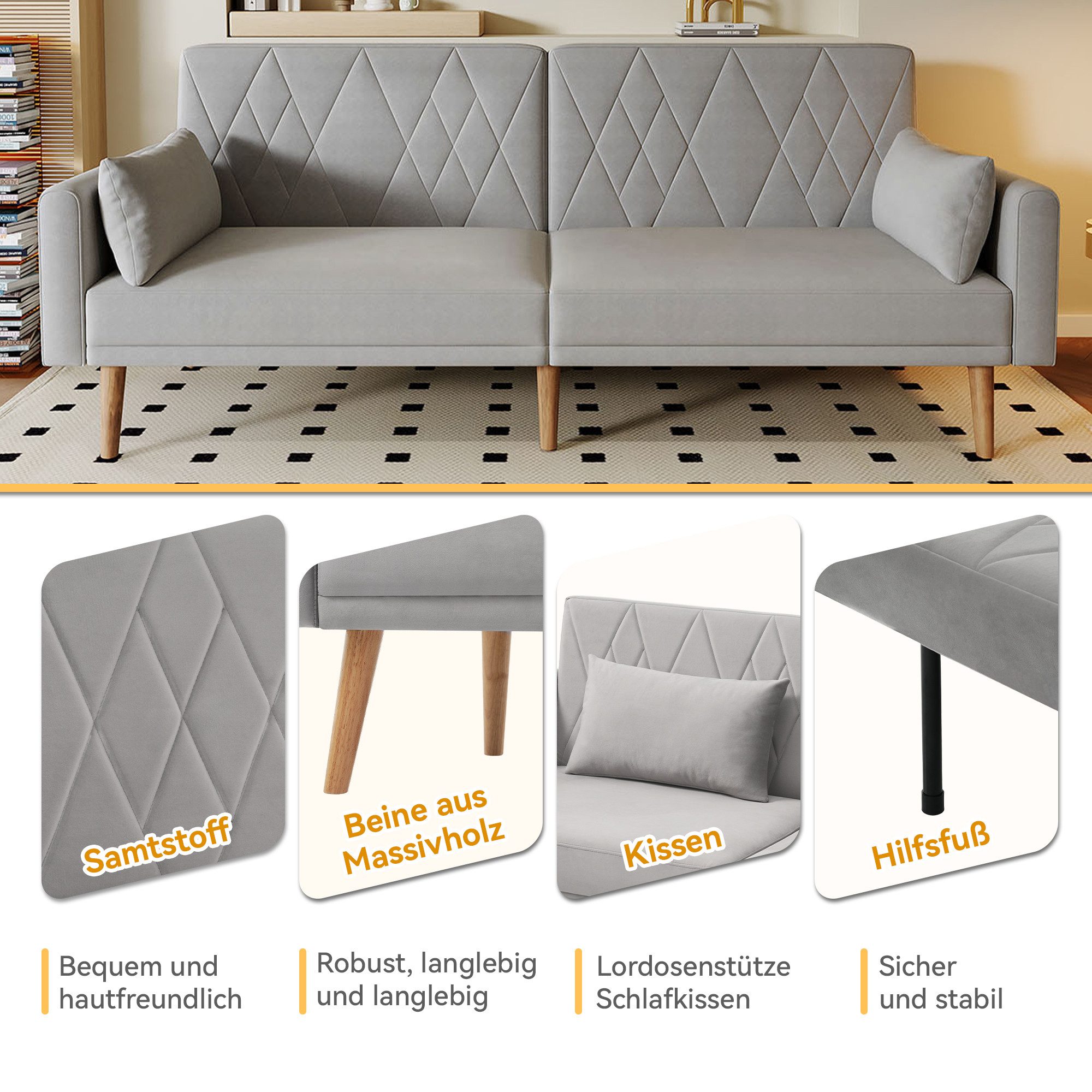 Merax Schlafsofa klappbar Zweisitzer-Sofa mit Schlaffunktion, Doppelsofa aus Samtstoff, 1 Teile, Polstersofa mit verstellbarer Rückenlehne & Armlehnen, inkl. Kissen