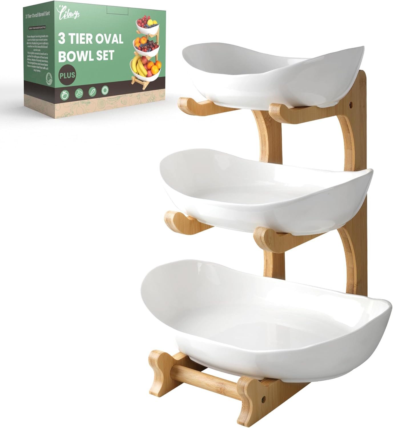 LIBWYS Obstschale Obst Etagere 3 Etagen Keramik Obstschale mit Bambusständer weiß, (Obst Etagere 3 Etagen Keramikschalen mit Bambusständer weiß Küche), Vertikales Design, stabile L-Form, platzsparend, vielseitig nutzbar