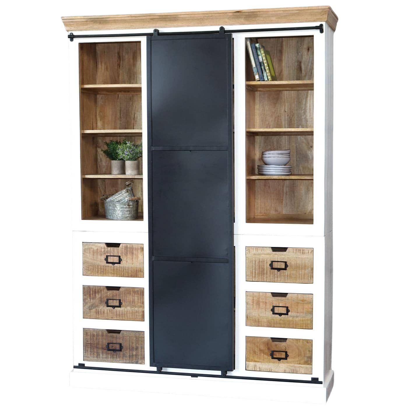 baario Buffet Regalschrank RODA 150cm massiv Mangoholz Eisen Schiebetüre Industrial Design