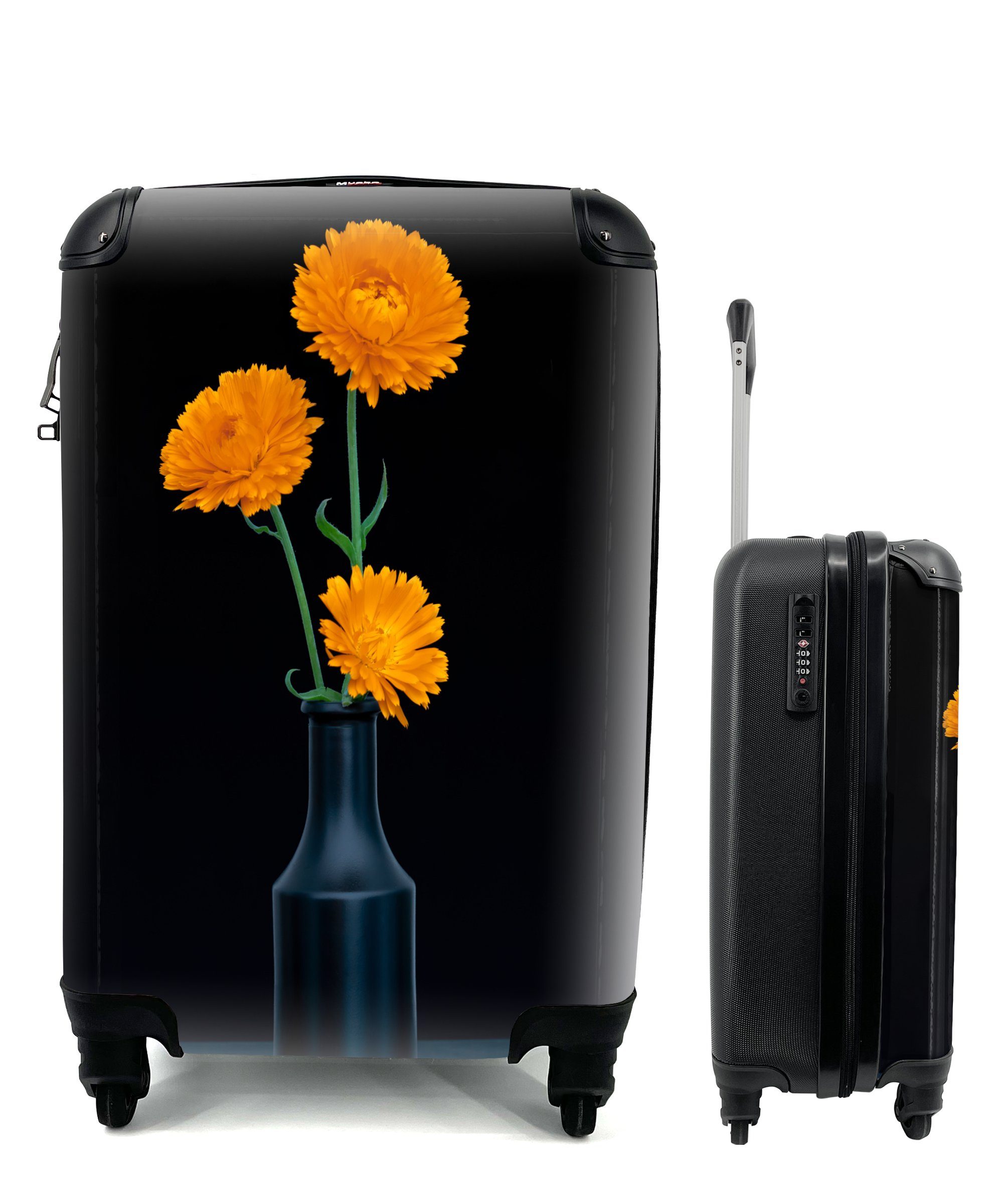für Rollen, Handgepäckkoffer - Reisekoffer Vase Reisetasche Orange, - Trolley, 4 Ferien, mit MuchoWow Blumen Handgepäck rollen,