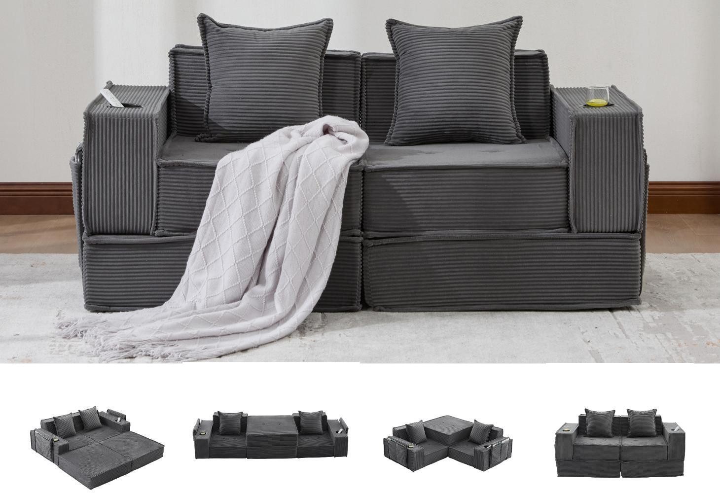 LVHOM Loungesofa Zweisitzer-Sofa mit Schlaffunktion,Modulares Design, Stauraum, Zwei Zierkissen(abnehmbar,waschbar), zwei Getränkehalter, seitliches Metallgestell und Stautaschen, rutschfeste Unterseite, Belastbarkeit bis 300kg, flexibel kombinierbar als Sitzgelegenheit, Lounge-Sofa oder Gästebett, ideal für kleine Wohnungen, Homeoffices und Gästezimmer