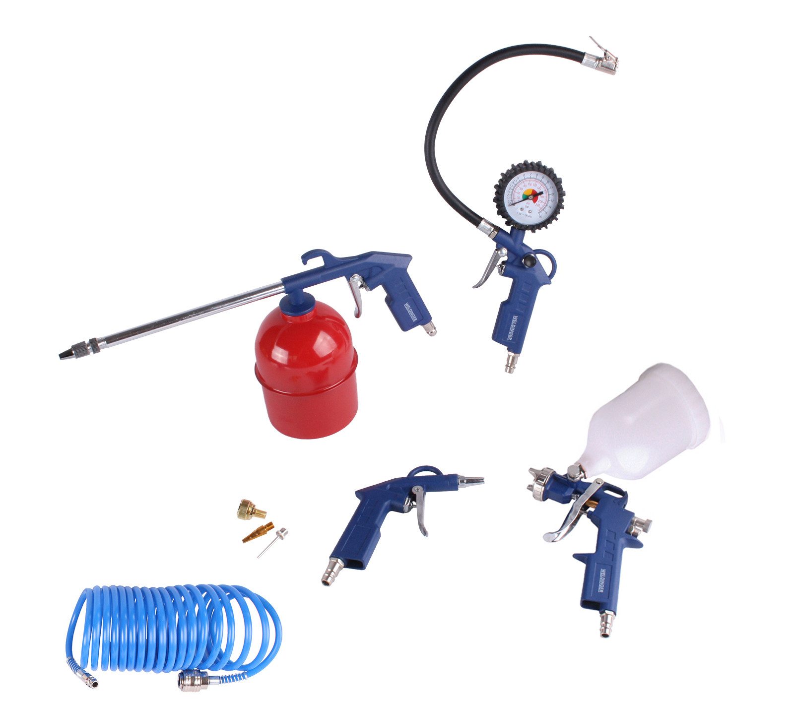 WELDINGER Druckluftwerkzeug Druckluftset XL 8-teilig Reifenfüller Druckschlauch Spritzpistole Öler, (Set XL, 8-tlg), Aluminium-Druckguss