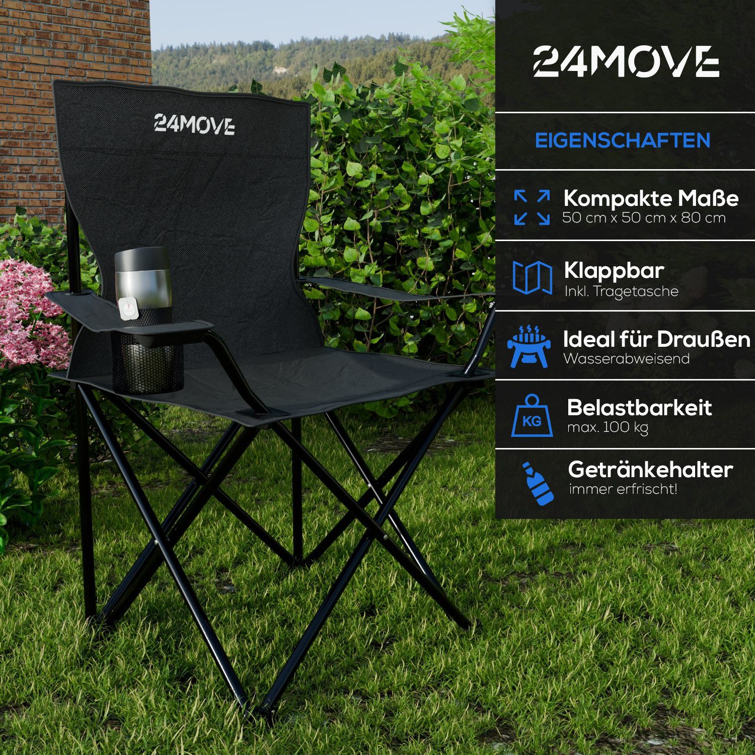 24Move Campingstuhl 24MOVE® Campingstuhl faltbar,Anglerstuhl,Liegestuhl mit Getränkehalter, mit Tragetasche, schwarz, Klappstuhl, bis 100kg belastbar – Bild 3 von 5