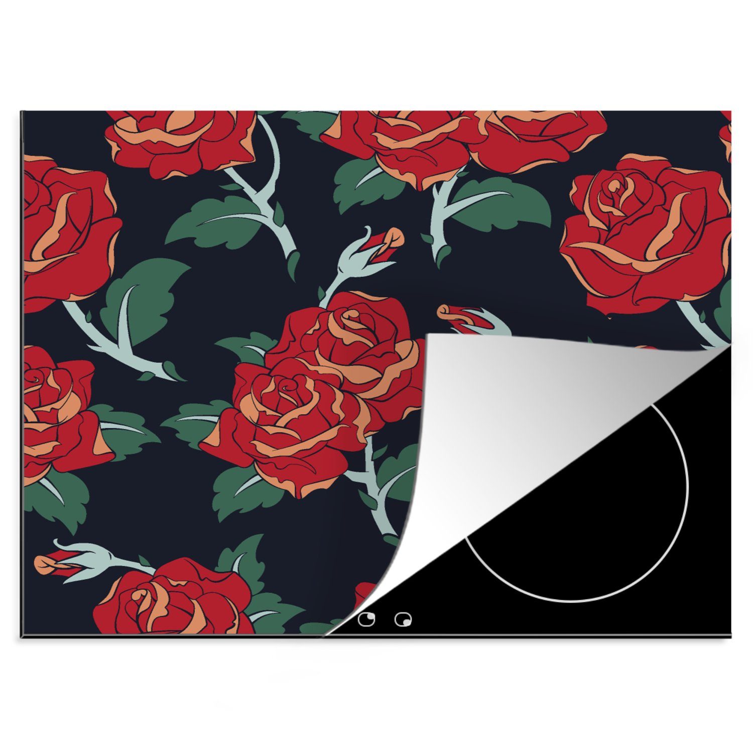 MuchoWow Herdblende-/Abdeckplatte Rosen - Blume - Muster - Rot, Vinyl, (1 tlg), 60x52 cm, Mobile Arbeitsfläche nutzbar, Ceranfeldabdeckung | Herdabdeckplatten