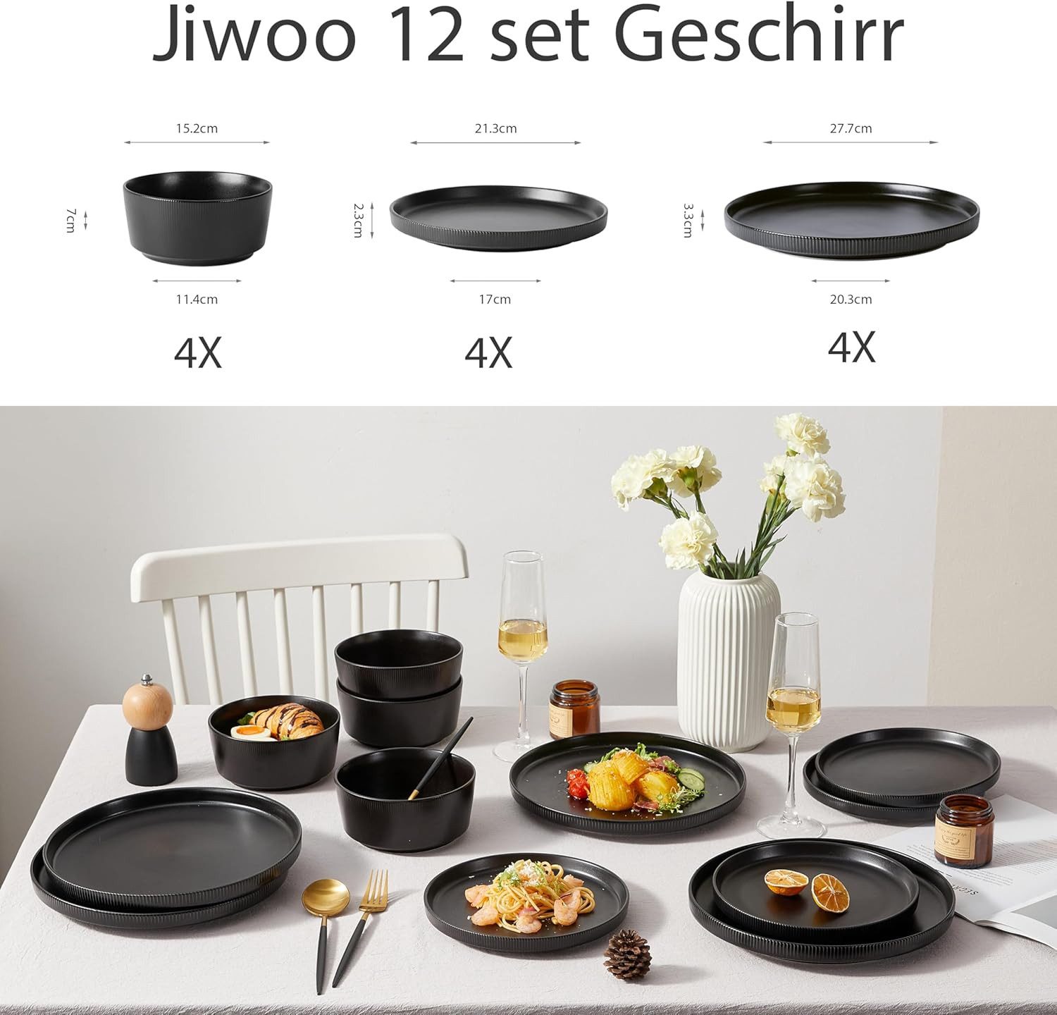 JIWOO Geschirr-Set 12tlg Kombiservice Teller-Set Tafelservice Schüssel-Set Speiseteller (12-tlg), 4 Personen, Keramik, Hochwertiges Geschirr set Schwarz Mikrowellen spülmaschinenfest