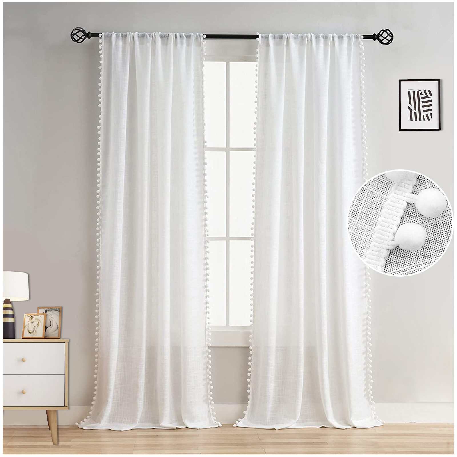 Qelus Gardine Weiß Transparenter Fenstervorhang Pompom-Vorhänge Wohnkultur günstig online kaufen