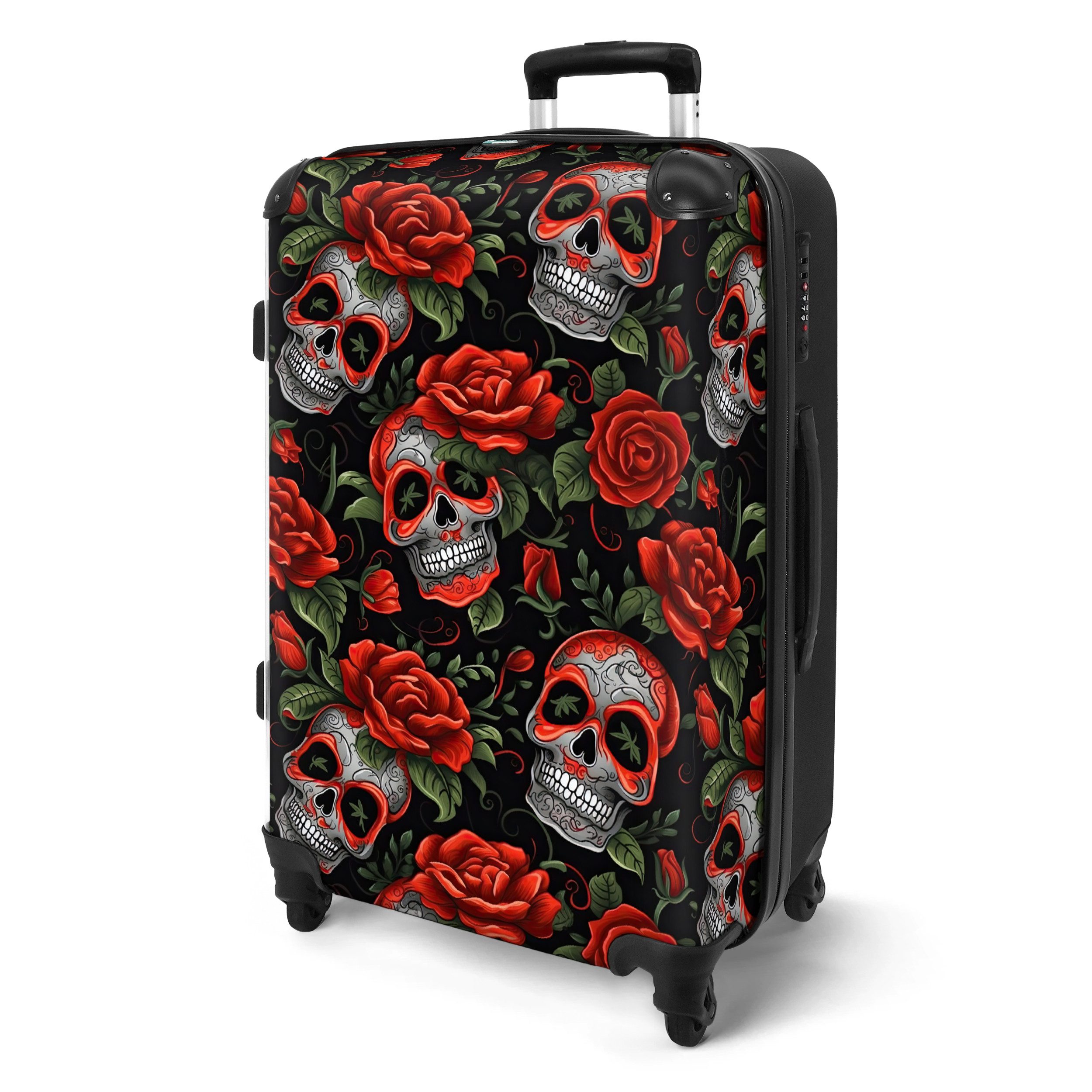 NoBoringSuitcases.com© Hartschalen-Trolley Totenkopf - Rosen - günstig online kaufen