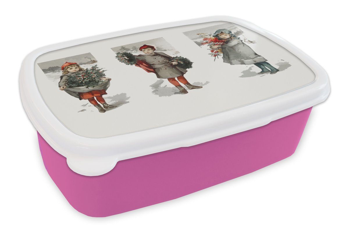 MuchoWow Lunchbox Weihnachten - Schnee - Kinder, Kunststoff, (2-tlg), Brotbox für Erwachsene, Brotdose Kinder, Snackbox, Mädchen, Kunststoff rosa