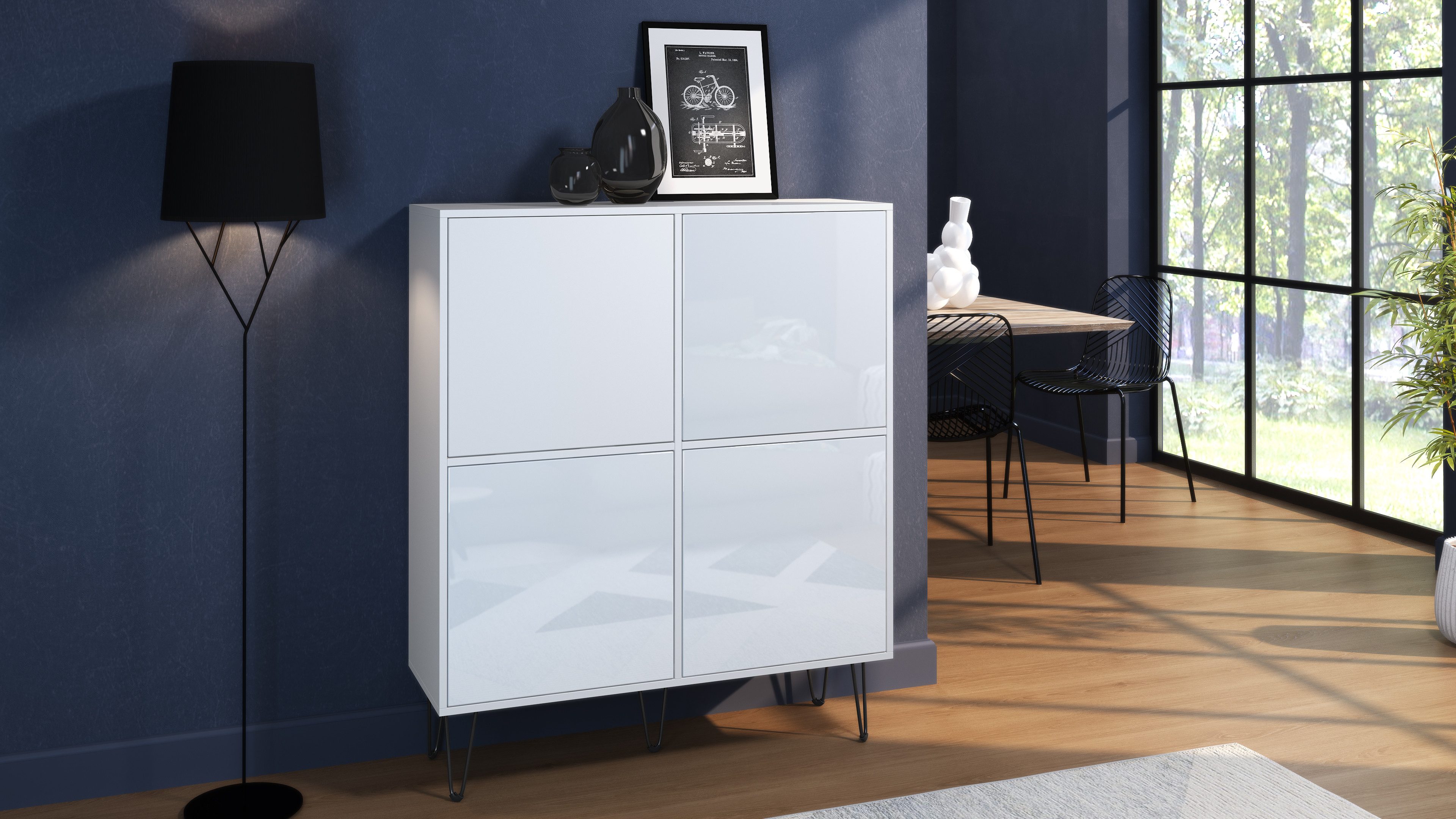 Vladon Highboard Havana V2 (Sideboard mit 4 Türen und 8 geschlossenen Fächern, Kommode Made in Germany), Weiß matt / Weiß matt (104 x 124 x 35 cm)