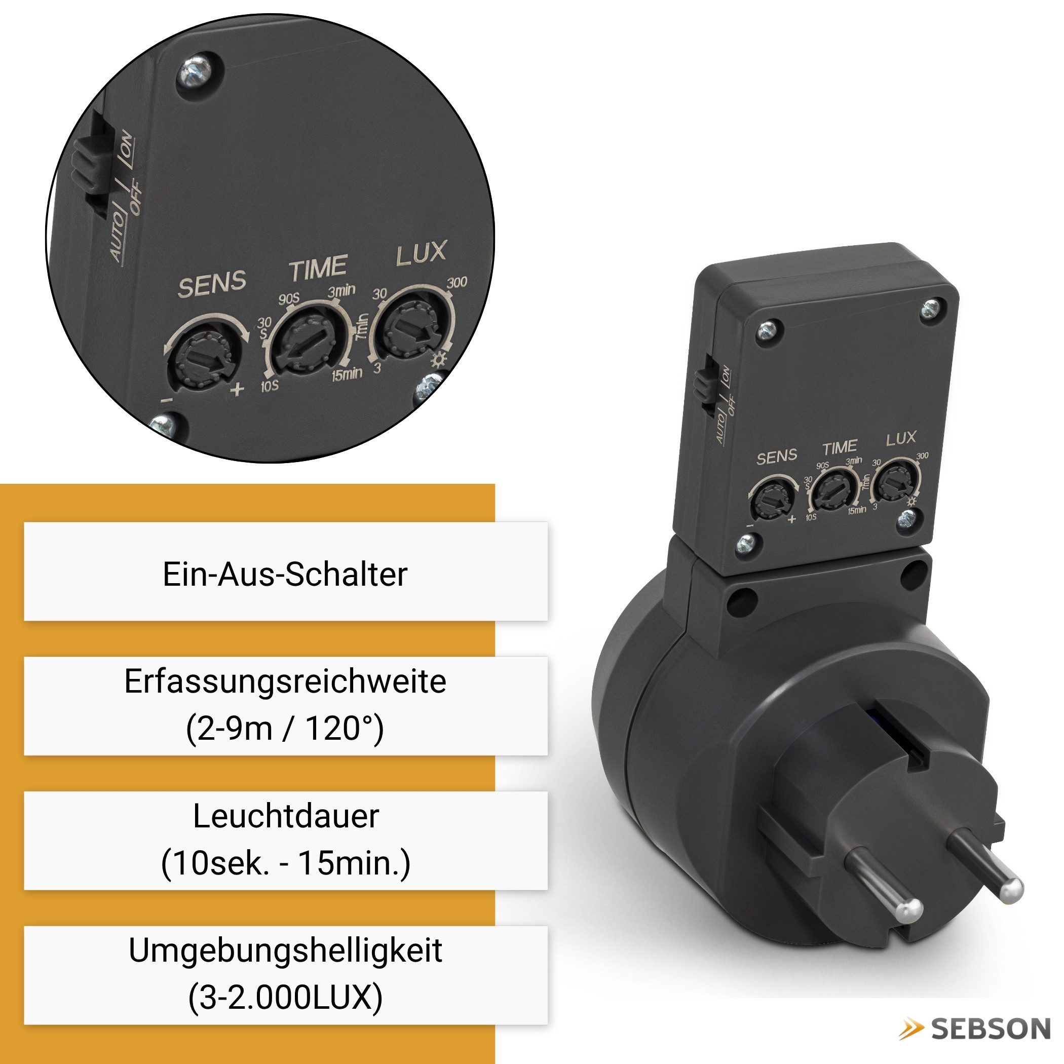 SEBSON Bewegungsmelder Zwischenstecker Bewegungsmelder - Schuko Stecker 230V programmierbar, (1-St), Schwenkbar, max. 1000W LED geeignet, Steckdosen-Adapter – Bild 4 von 5
