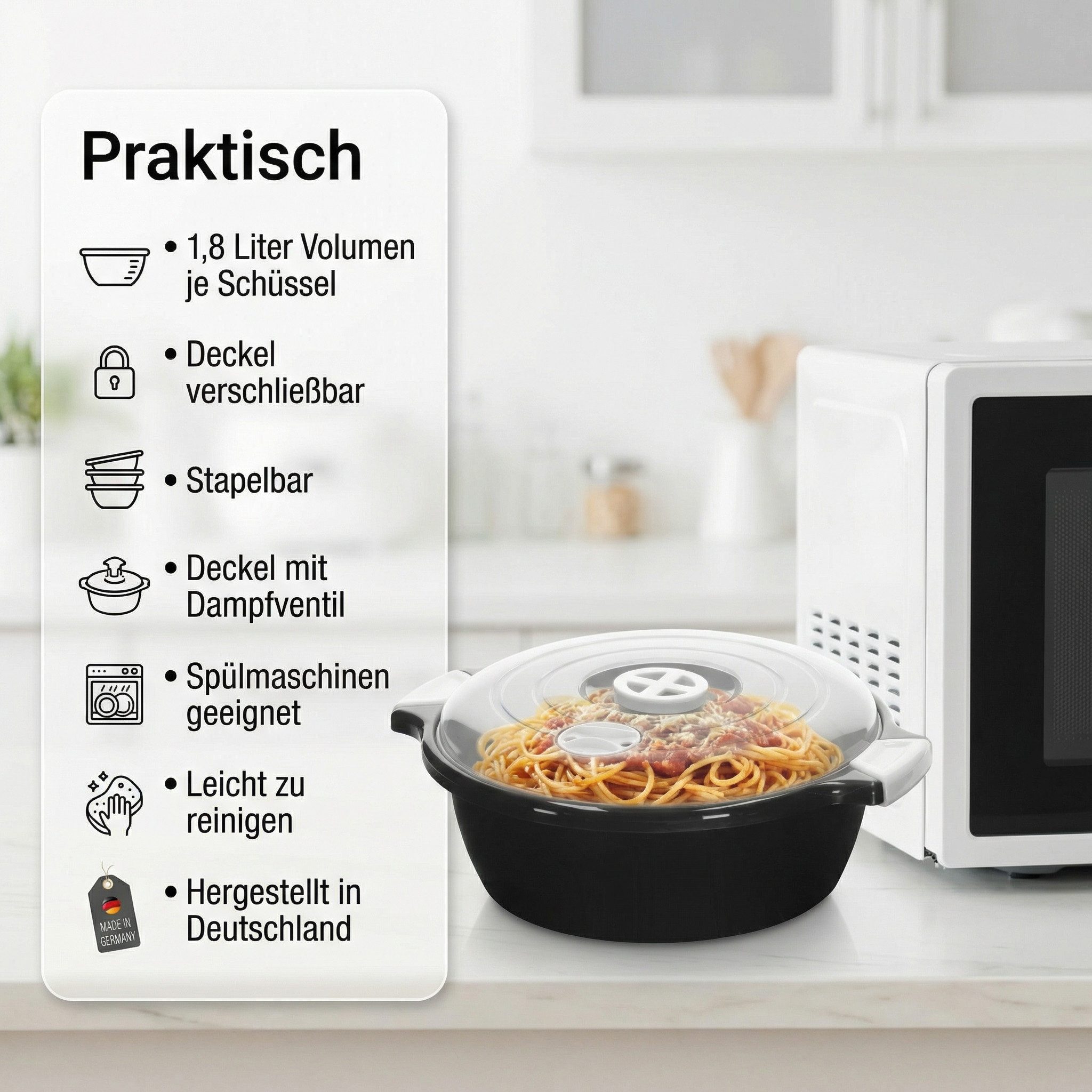 Lantelme Mikrowellenbehälter Mikrowellenschüssel 1,8 Liter schwarz stapelbar, Kunststoff, (1-tlg., Für Mikrowelle, Gefrier- und Kühlschrank, Picknick), Schüssel – Bild 3 von 5