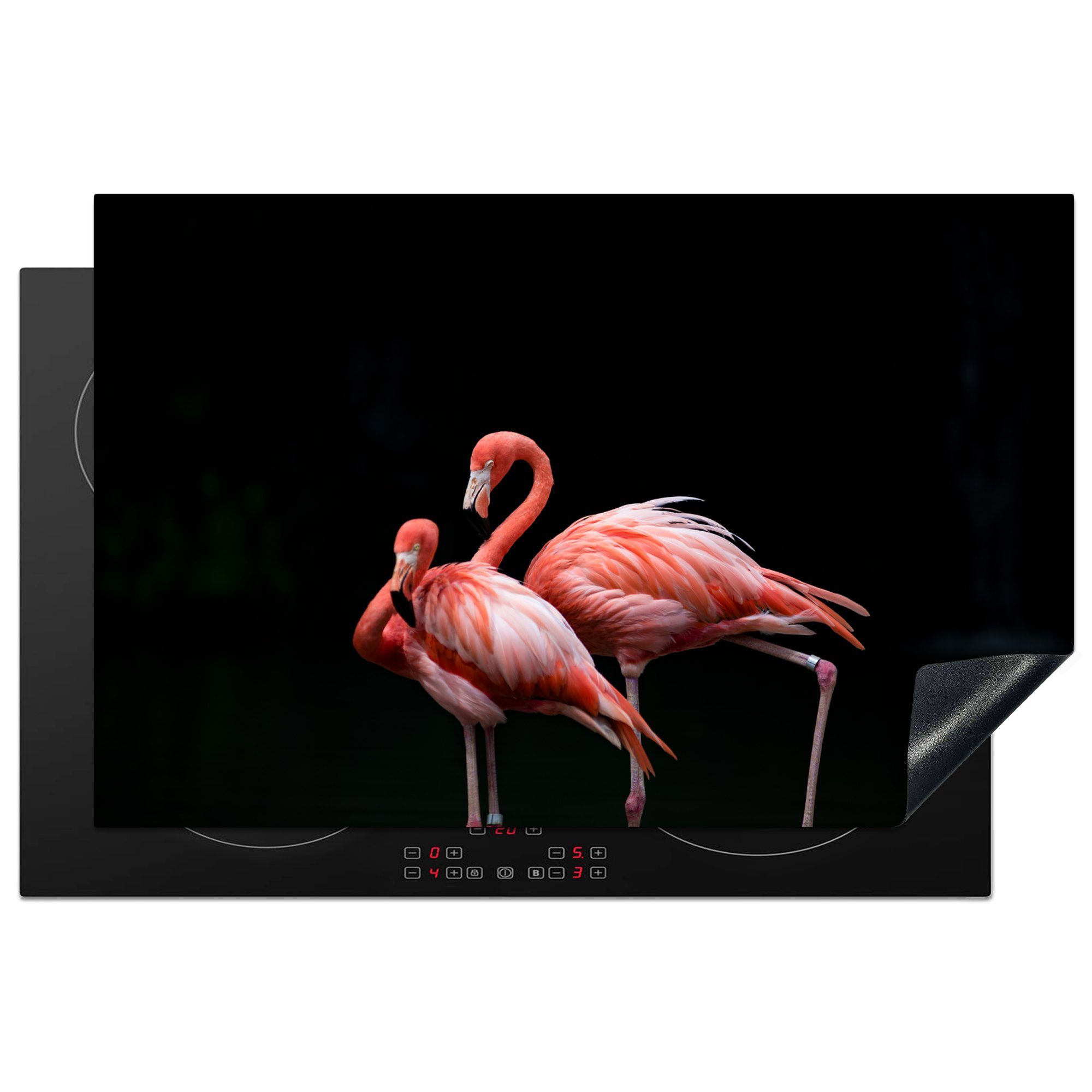 MuchoWow Herdblende-/Abdeckplatte Zwei Flamingos mit schwarzem Hintergrund, Vinyl, (1 tlg), 81x52 cm, Induktionskochfeld Schutz für die küche, Ceranfeldabdeckung