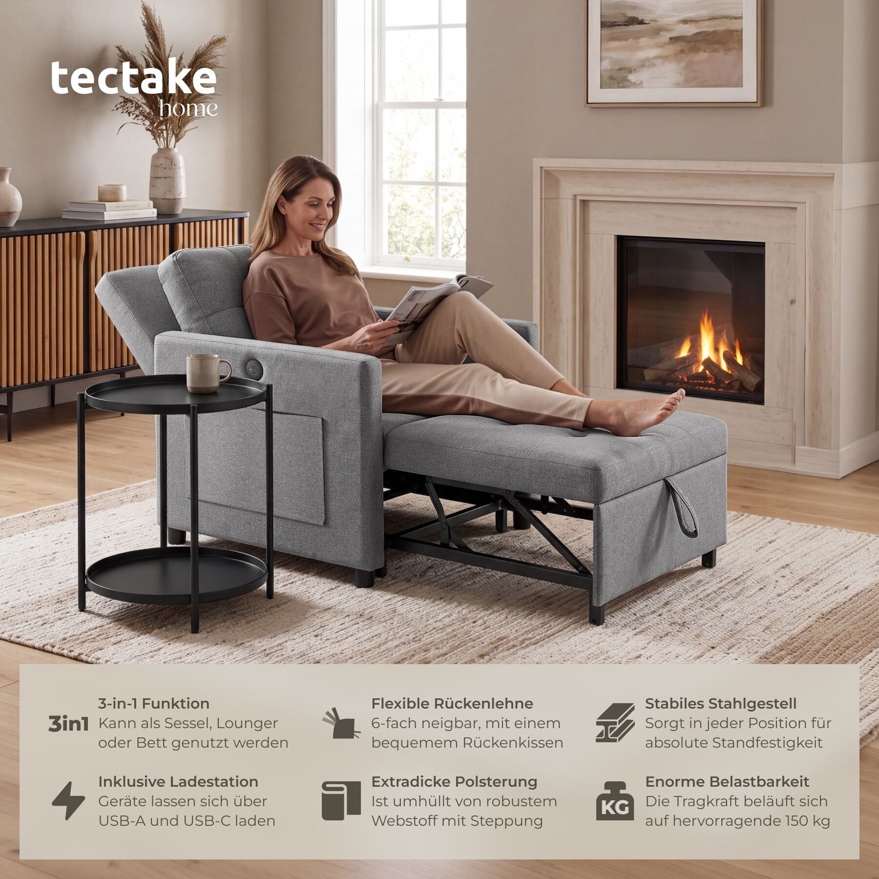 tectake Relaxsessel 3in1 Funktionssessel mit 6-fach verstellbarer Rückenlehne (Schlafsessel Mit Liegefunktion Toyama, in Grau), Stahlgestell, 2 große Seitentasc – Bild 2 von 5