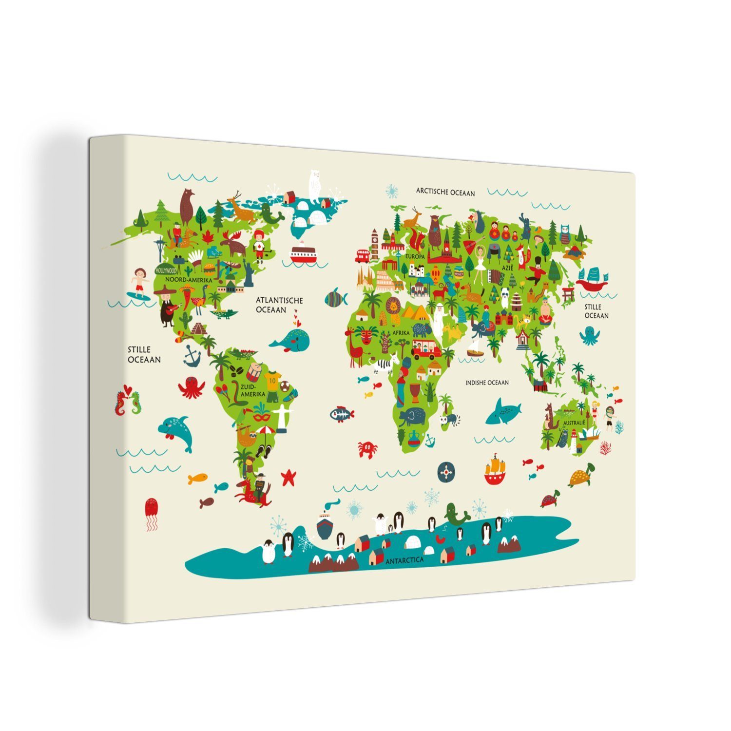 OneMillionCanvasses® Leinwandbild Weltkarte Kinder Wanddeko, Tiere, - 30x20 Wandbild Leinwandbilder, Aufhängefertig, Grün - (1 St), cm