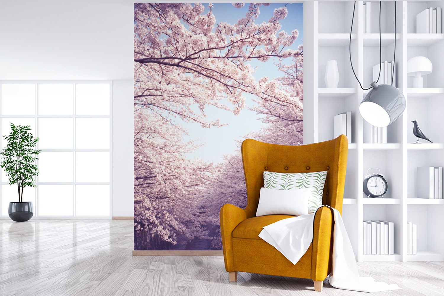 der (3 Tapete Bild Matt, bedruckt, hellblauem Himmel, vielen Wandtapete St), mit MuchoWow Montagefertig für Vinyl Wohnzimmer, Fototapete Sakura-Bäume
