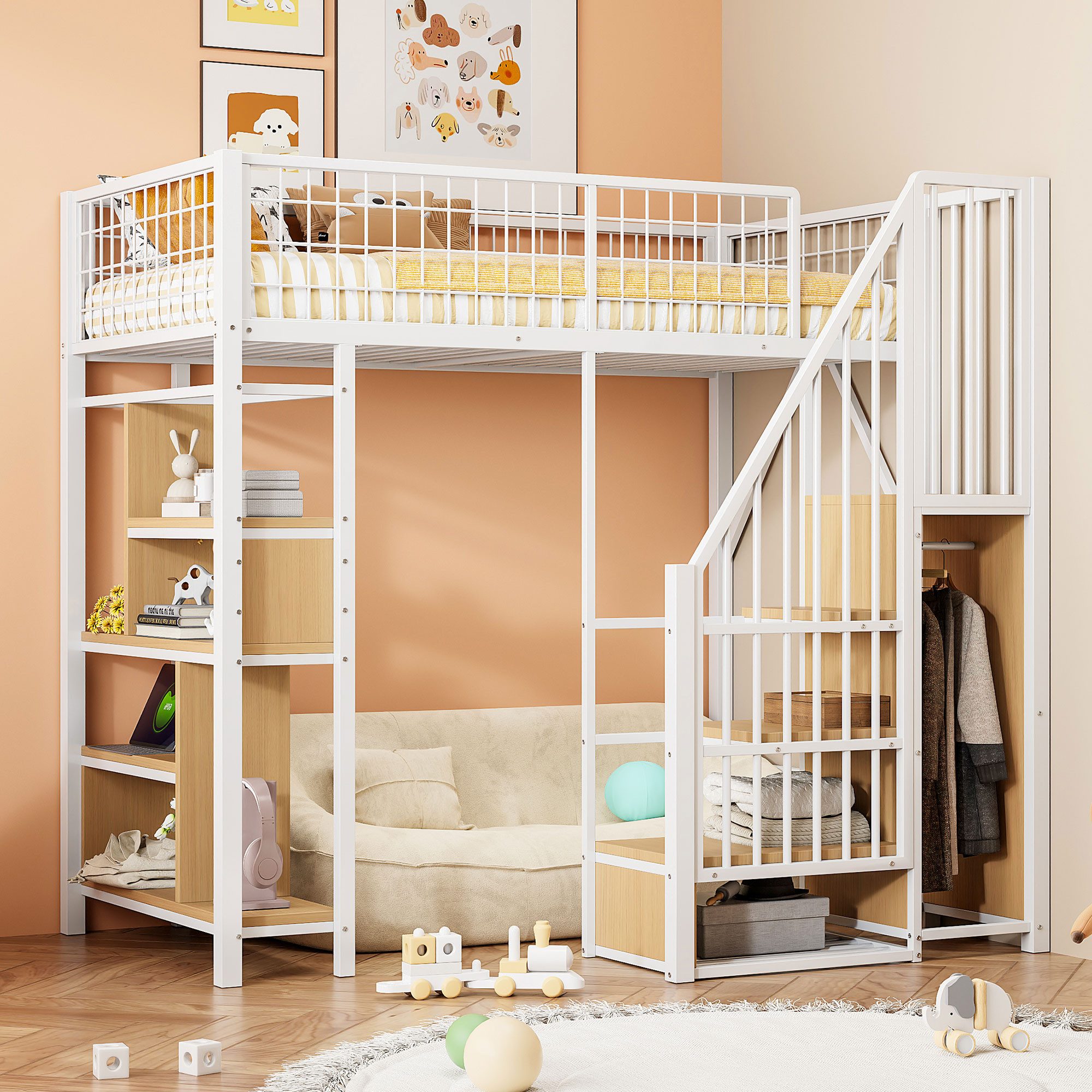 Merax Hochbett (Jugendbett Etagenbett Einzelbett, 1-St) Metallbett Kinderbett 90x200cm mit Stauraumtreppe,Ablageflächen & Zaun