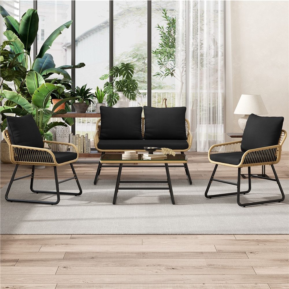 Yaheetech Gartenlounge-Set 4 tlg., 2 Sessel, 1 Zweisitzer-Sofa & 1 Glastisch Wetterfest für Außenbereiche