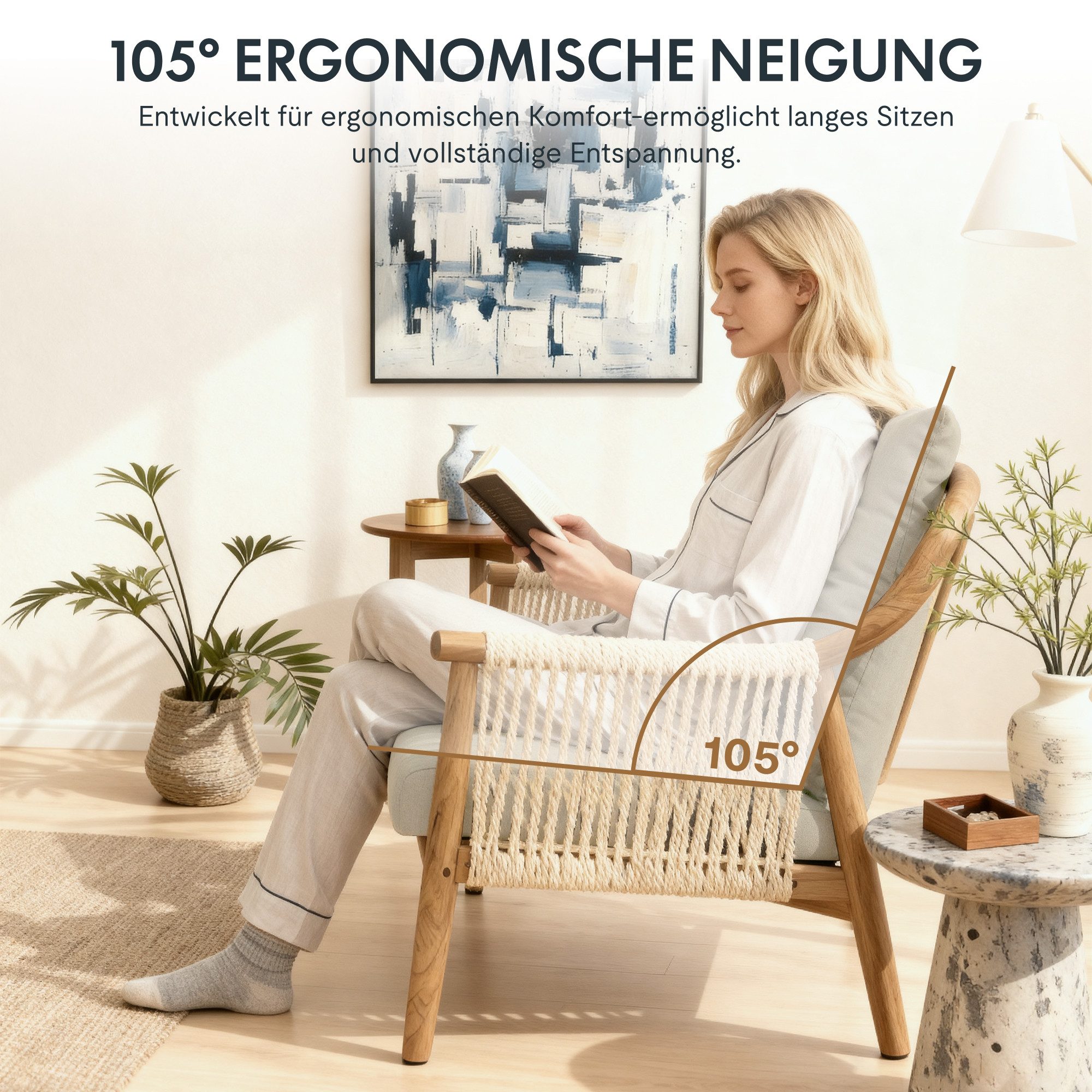 FLEXISPOT Loungesessel Gartenstuhl, Akzentstuhl handgeflochten AC3 (Boho Rattanstuhl mit atmungsaktivem Design Beige), Vielseitiger Indoor & Outdoor Gartenstuhl mit komfortablen Kissen