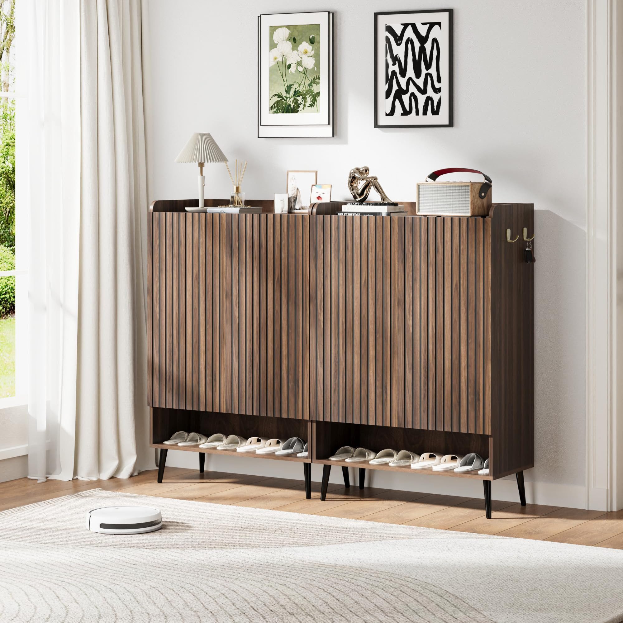 GarveeMore Schuhkipper 2er-Set Mehrzweckschrank mit Garderobenschrank 6 Fächern, Doppeltüren (2 St), 110 cm Höhe Beistellschrank verstellbare Einlegeböden, Haken