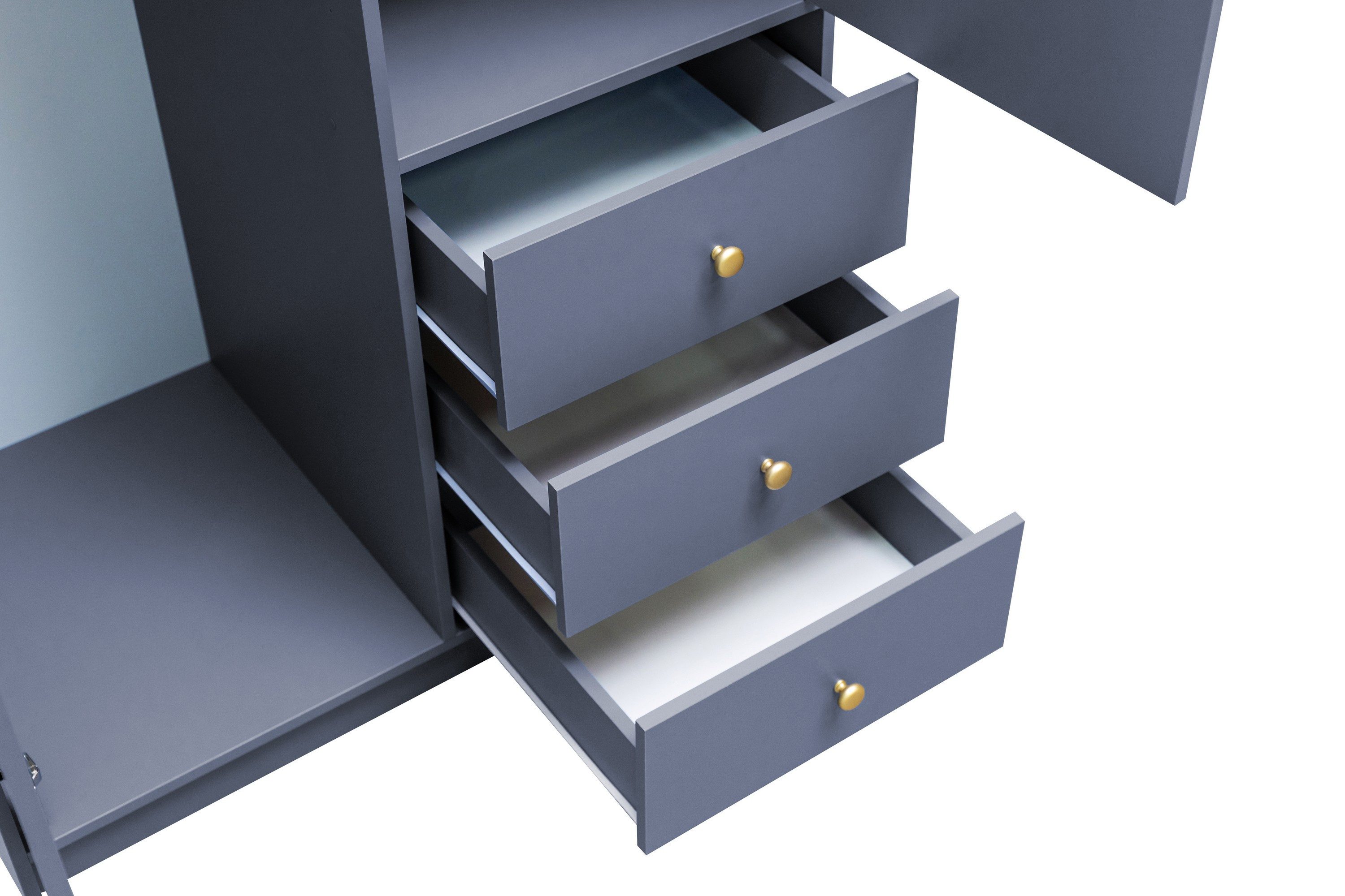 Masseno Drehtürenschrank GALIO 100 cm Kleiderschrank mit Spiegel 2 Türen und 3 Schubladen Blau