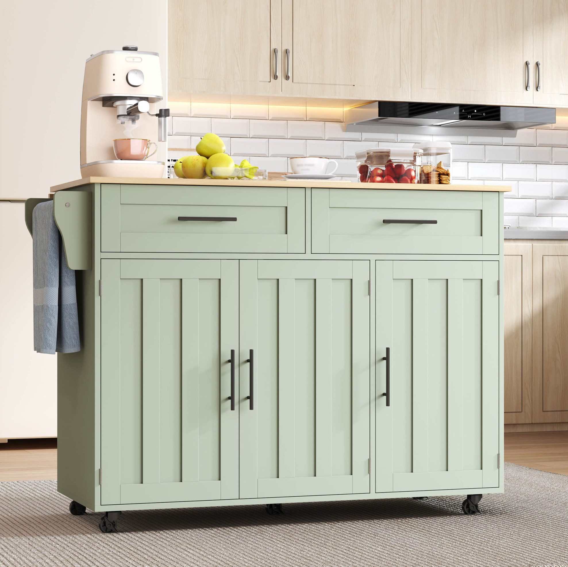 MODFU Küchenwagen mit klappbarer Arbeitsplatte, (Stauraum, Rollen & flexibler Nutzung als Sideboard oder Insel, 1 St., L 129x W 71x H 91.5cm), mit Rollen, 120x46(70)x91.5 cm