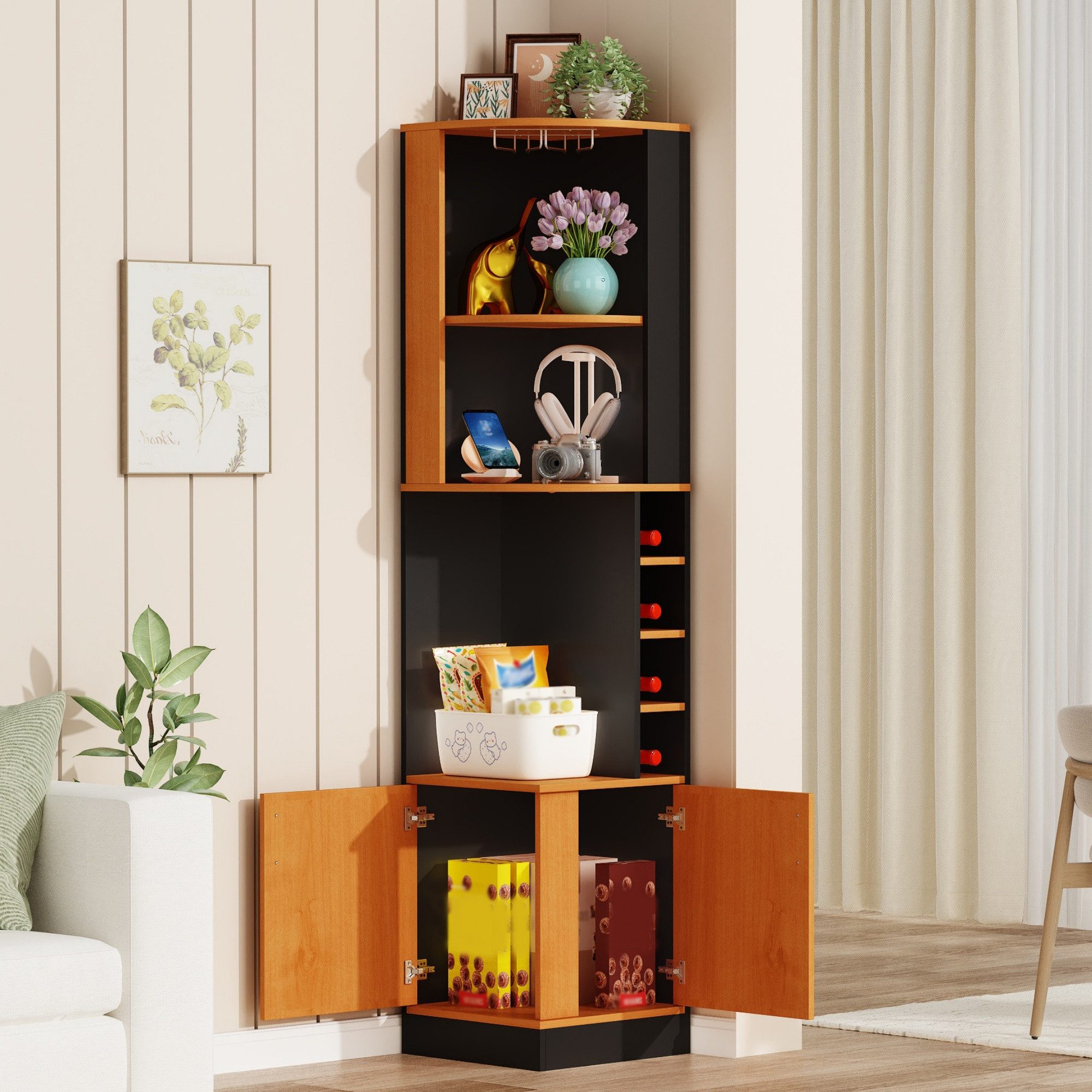 HAUSS SPOLE Eckvitrine mit Weinglasregal,freistehend Bartheke Hochschrank 40×40×182cm,Schwarz (Wohnzimmerschrank mit geschlossenem Unterschrank und offenen Regalfächern für Esszimmer, Küche und Wohnzimmer) Bücherregal Beistellschrank mit Edelstahl-Weinglashalter