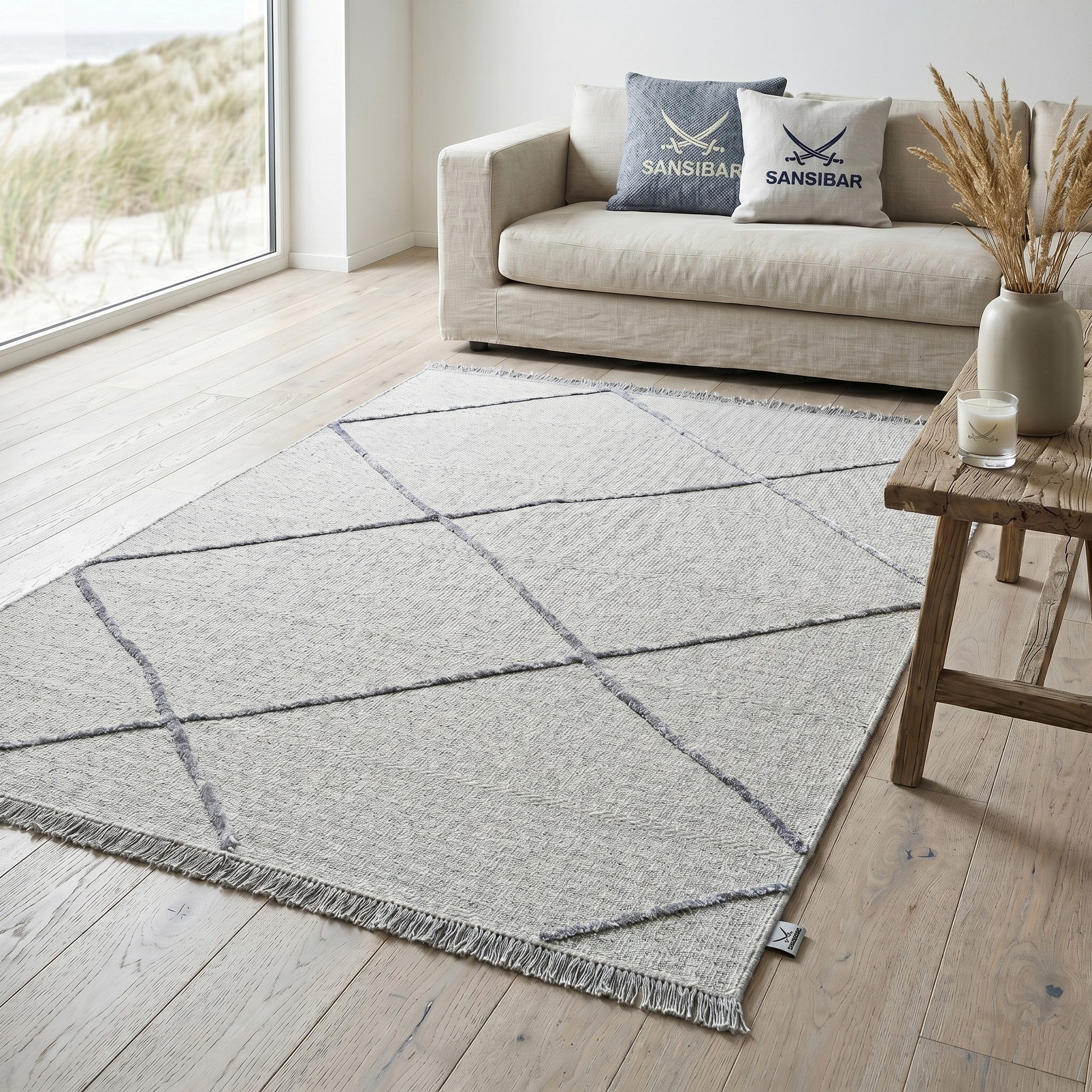 Sansibar Teppich Braderup, rechteckig, Höhe: 2 mm, Flachgewebe, modernes Scandi Design, Motiv Rauten, mit Fransen