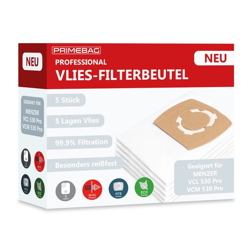 PRIMEBAG Staubsaugerbeutel 5 Vliesbeutel 5-Lagig für MENZER VCL/VCM 530 PRO kompatibel reißfest
