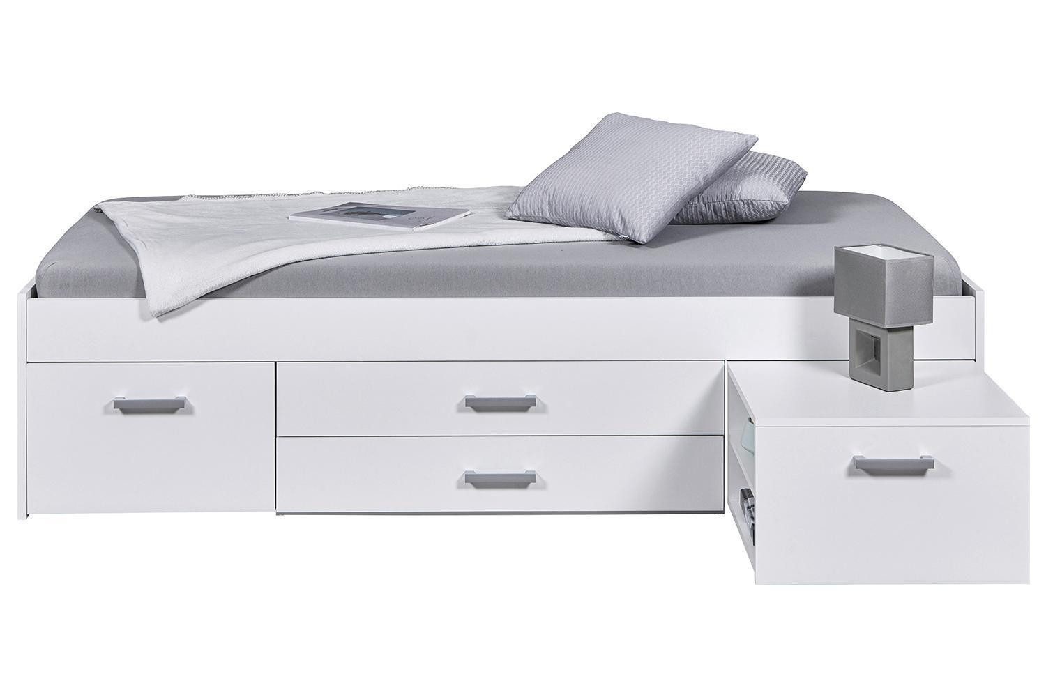 Inter Link Einzelbett RANYA, 90 x 200 cm, Weiß matt, mit 3 Schubladen, ausziehbarer Nachttisch, B 94 x H 48 x T 204 cm