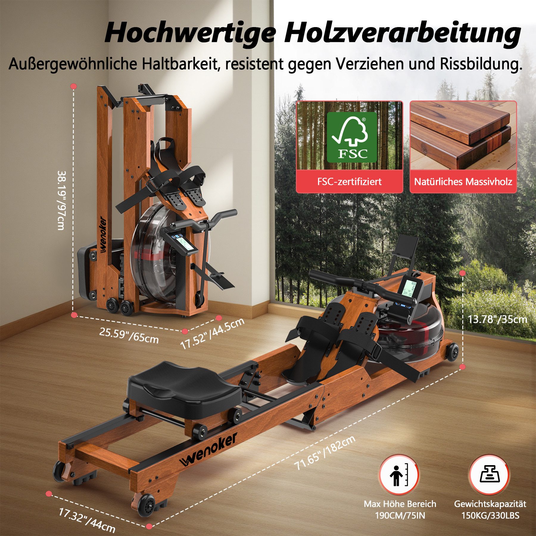 Wenoker Rudergerät hochwertiges Faltbares Wasserrudergerät aus Massivholz für Zuhause (1-tlg), mit Bluetooth-Monitor & Tablet-Halter, bis 150 kg belastbar