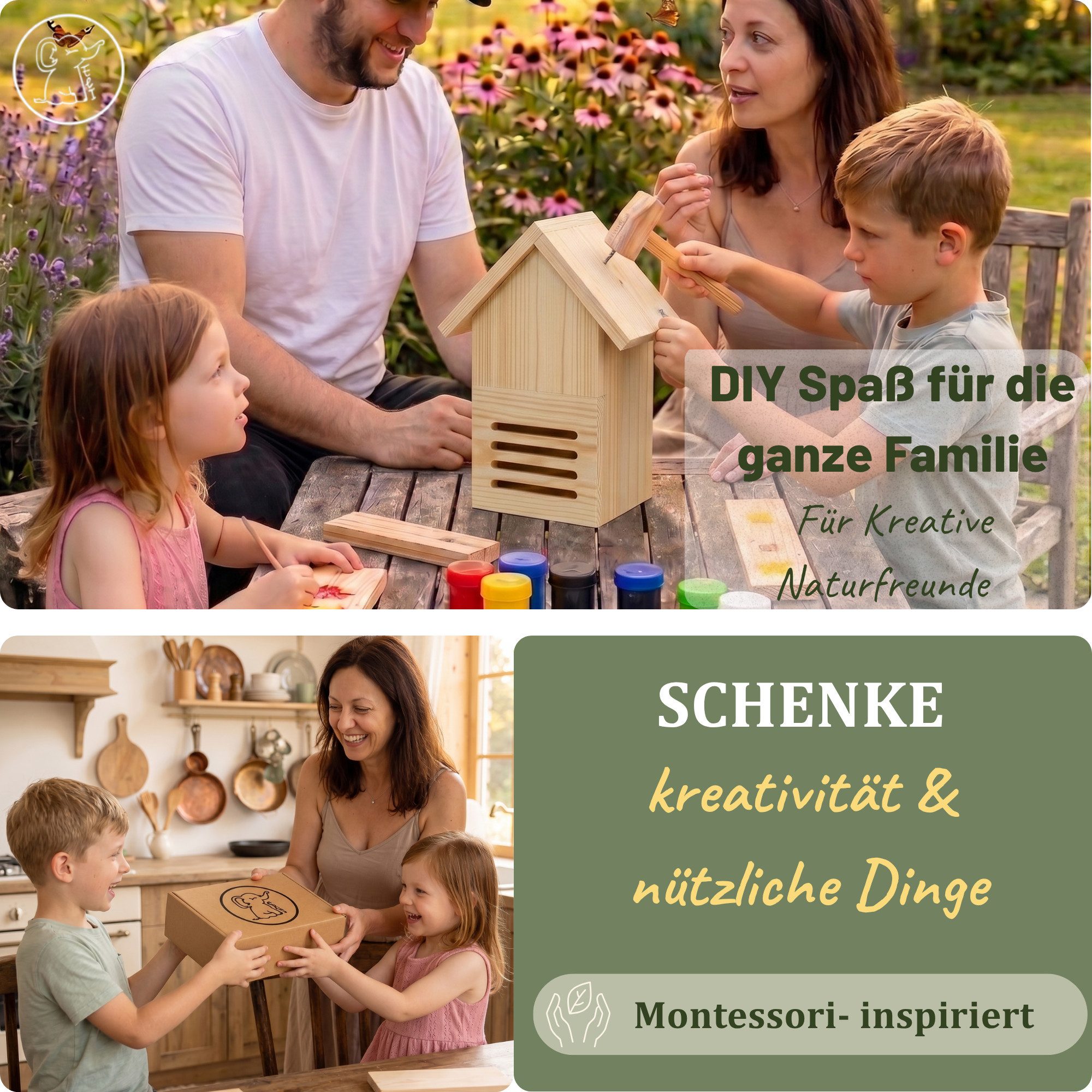 Eli Insektenhotel Marienkäferhaus Bausatz für Kinder aus Kiefernholz zum Bemalen, (inkl. 6 Farben - Pinsel - Hammer - Nägel, Schablonen & Vorlagen und Füllmaterial), DIY Marienkäferhotel für Garten & Balkon