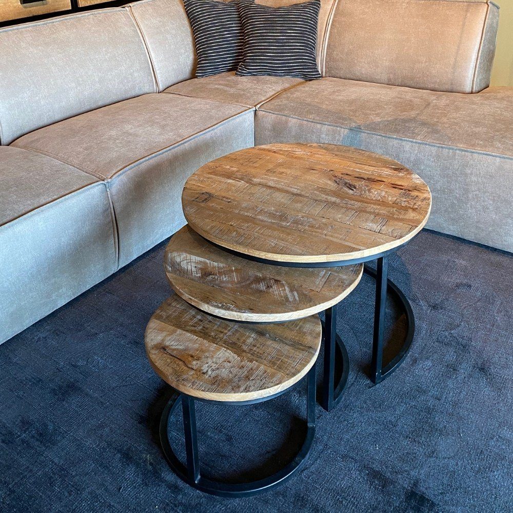 in Natur-dunkel RINGO-Living Möbel Mangoholz Samoa 440x700x700mm, aus 3er-Set Beistelltisch Couchtisch