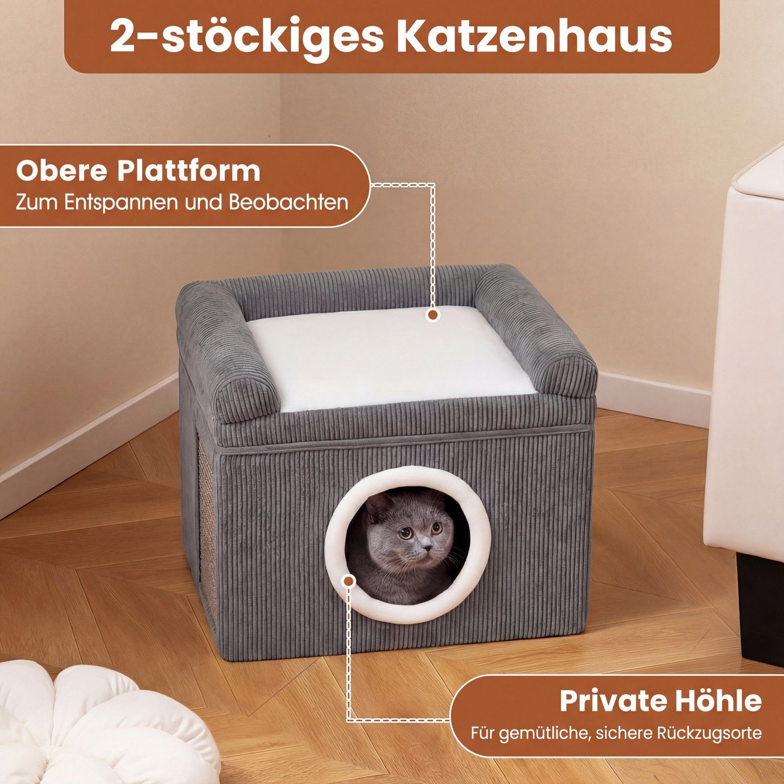 COSTWAY Tierhaus, Katzenhaus, Katzenhöhle, faltbar, mit Kratzmatte