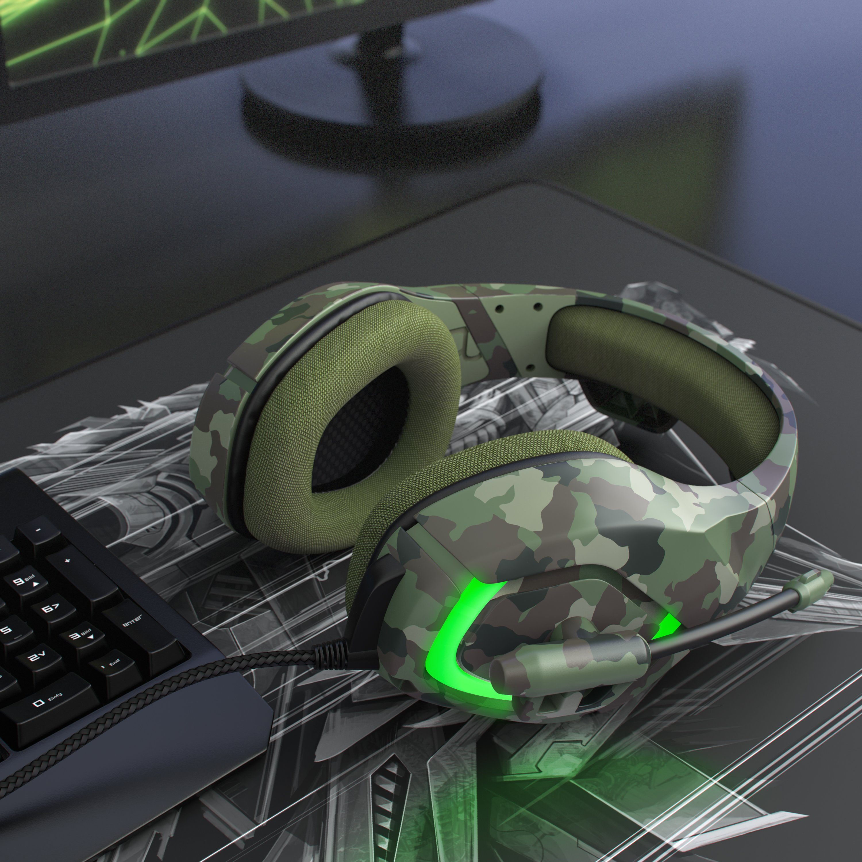 CSL USB "GHS-103" mit Mikrofon, Kopfhörer für PC, PS4 / 4 Pro Gaming-Headset (Gaming Headset kabelgebunden, Over-Ear Kopfhörer, Camouflage Design)
