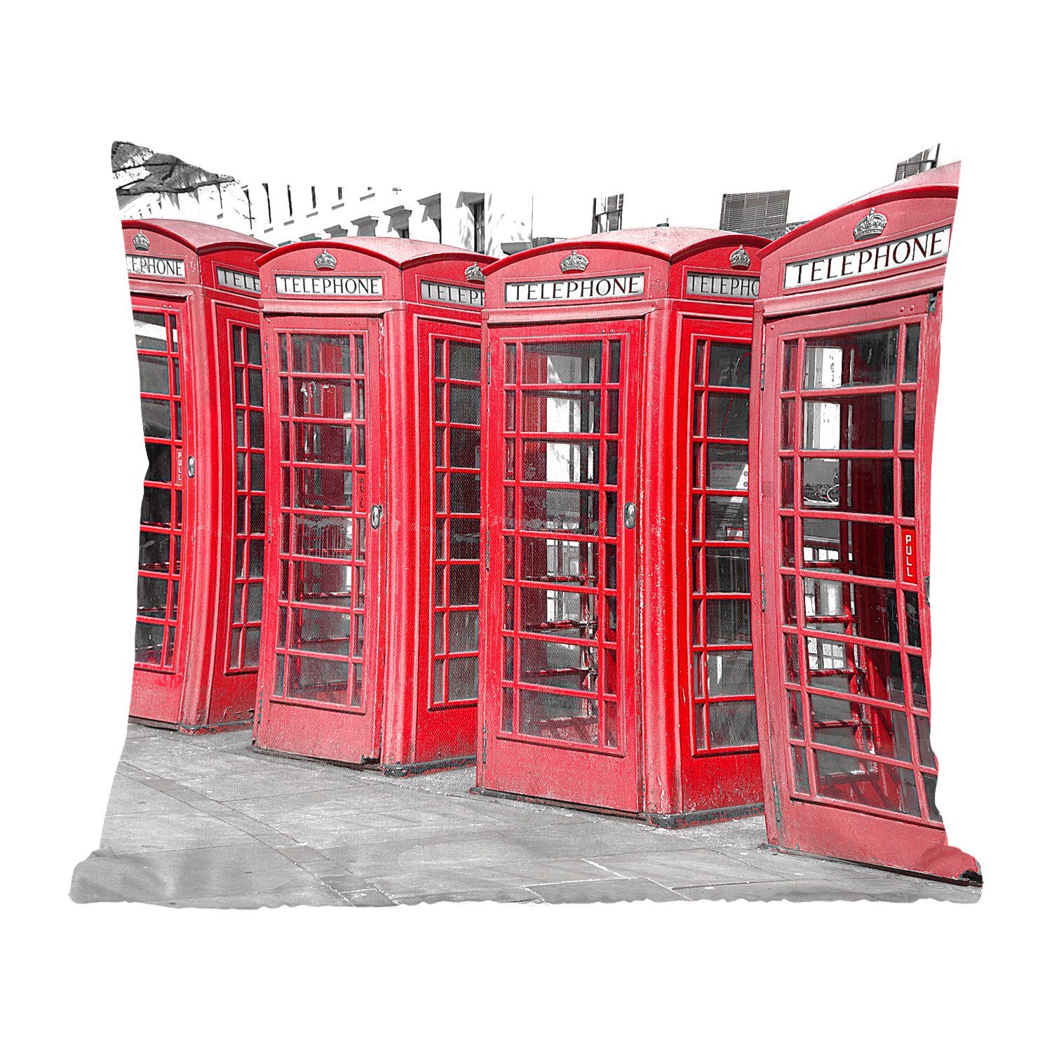 MuchoWow Dekokissen Schwarz-Weiß-Foto von vier roten Telefonkabinen, Zierkissen mit Füllung für Wohzimmer, Schlafzimmer, Deko, Sofakissen