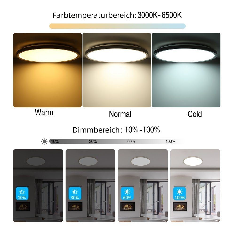 Flach naturweiß, Fernbedienung RGB, LED mit Deckenleuchte einstellbare Ultra tageslichtweiß, mit 24W warmweiß, Farbtemperatur, Dimmbare 3000K-6000K Dünn fest RGB-Hintergrundbeleuchtung, Ø29CM Deckenlampe iscooter integriert, LED