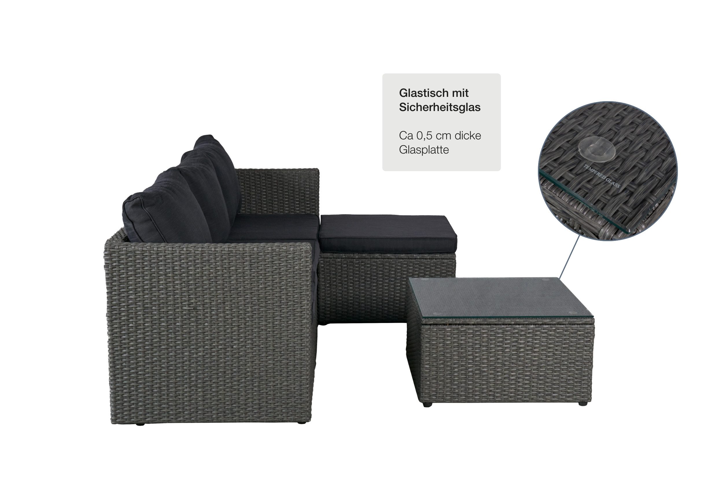 LC Garden Gartenlounge-Set Loungino« Poly Rattan Balkon Lounge Set Sofa + Hocker +Tisch Set, (Loungeset, 3-tlg., Set 3 tlg), Polsterung: Schaumstoff (waschbar bei 30 Grad)