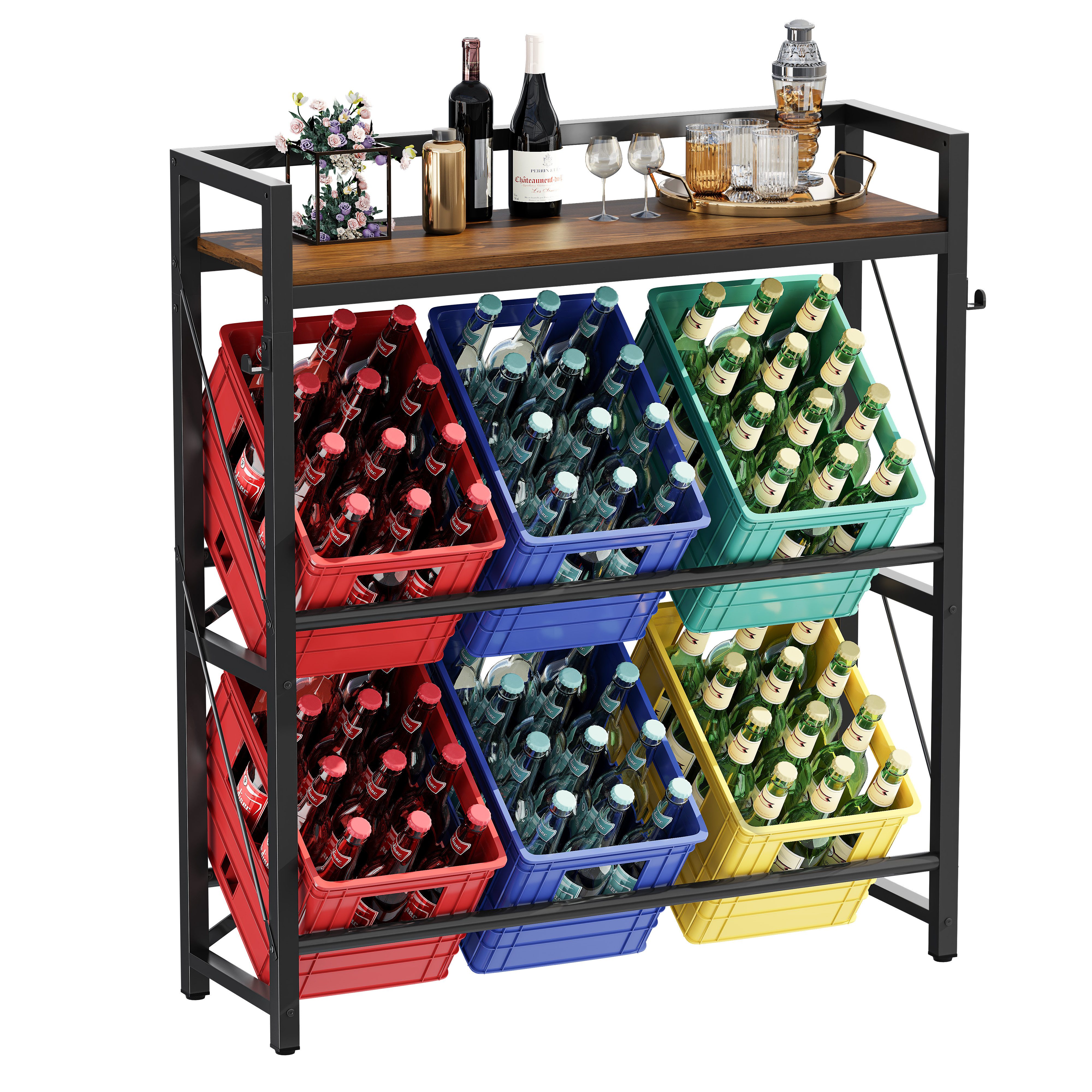 YOUDENOVA Flaschenregal Getränkekistenregal für 6 Kisten aus Metall, 104 x 32 x 117 cm, 1-tlg., Multifunktionales Küchenregal mit MDF-Ablage, bis 150 kg Tragkraft