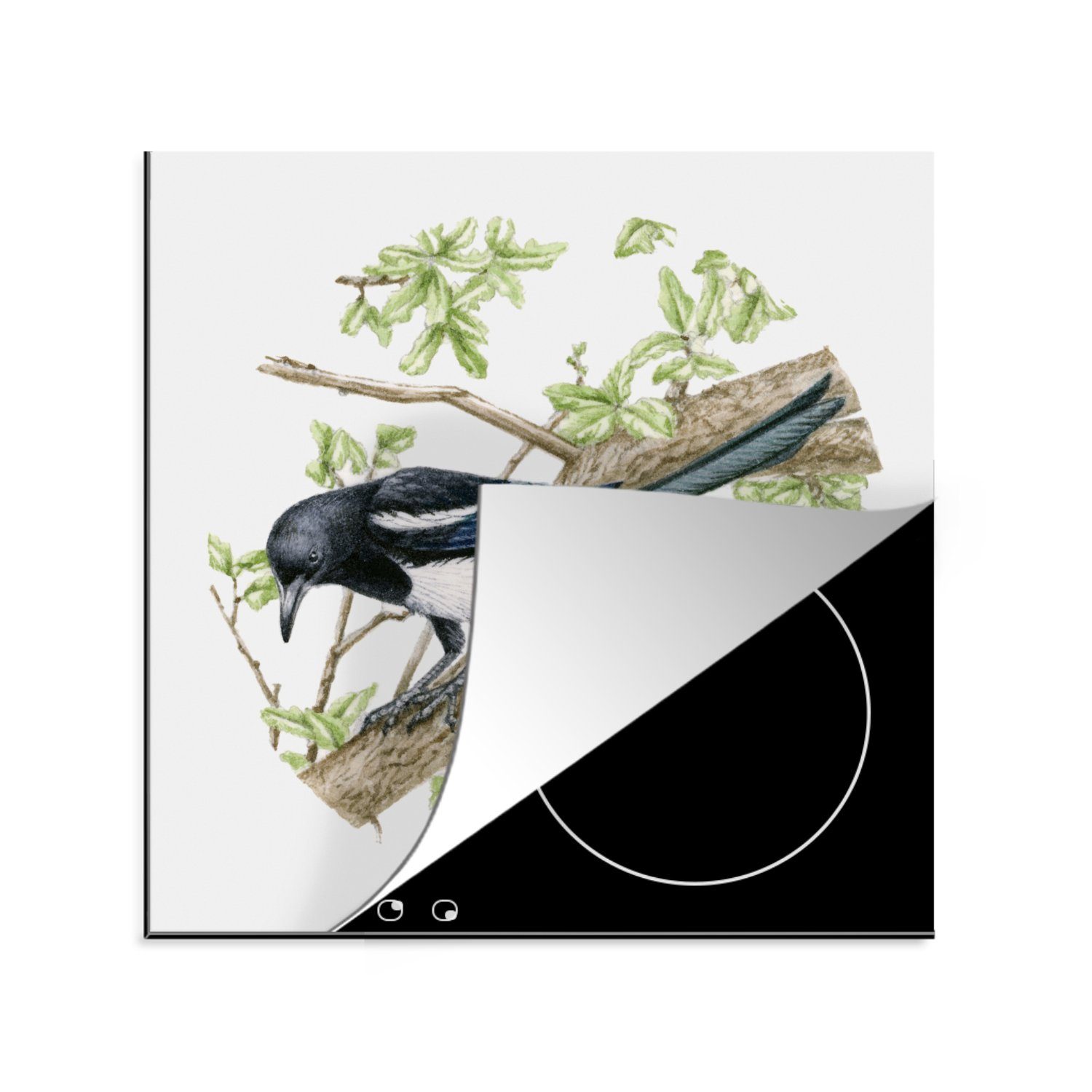 MuchoWow Herdblende-/Abdeckplatte einem (1 Baum cm, Illustration sitzt, für die auf Ceranfeldabdeckung, Vinyl, Elster, 78x78 Arbeitsplatte küche tlg), einer