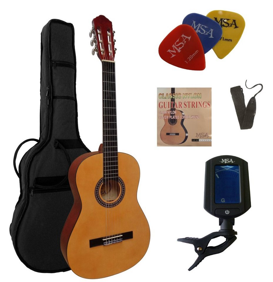 MSA Konzertgitarre C, 4/4 Konzertgitarre im Set, Classic, Nylonsaiten, Tasche, Band, Saiten, 3xPik, Stimmgerät, Lindenholz