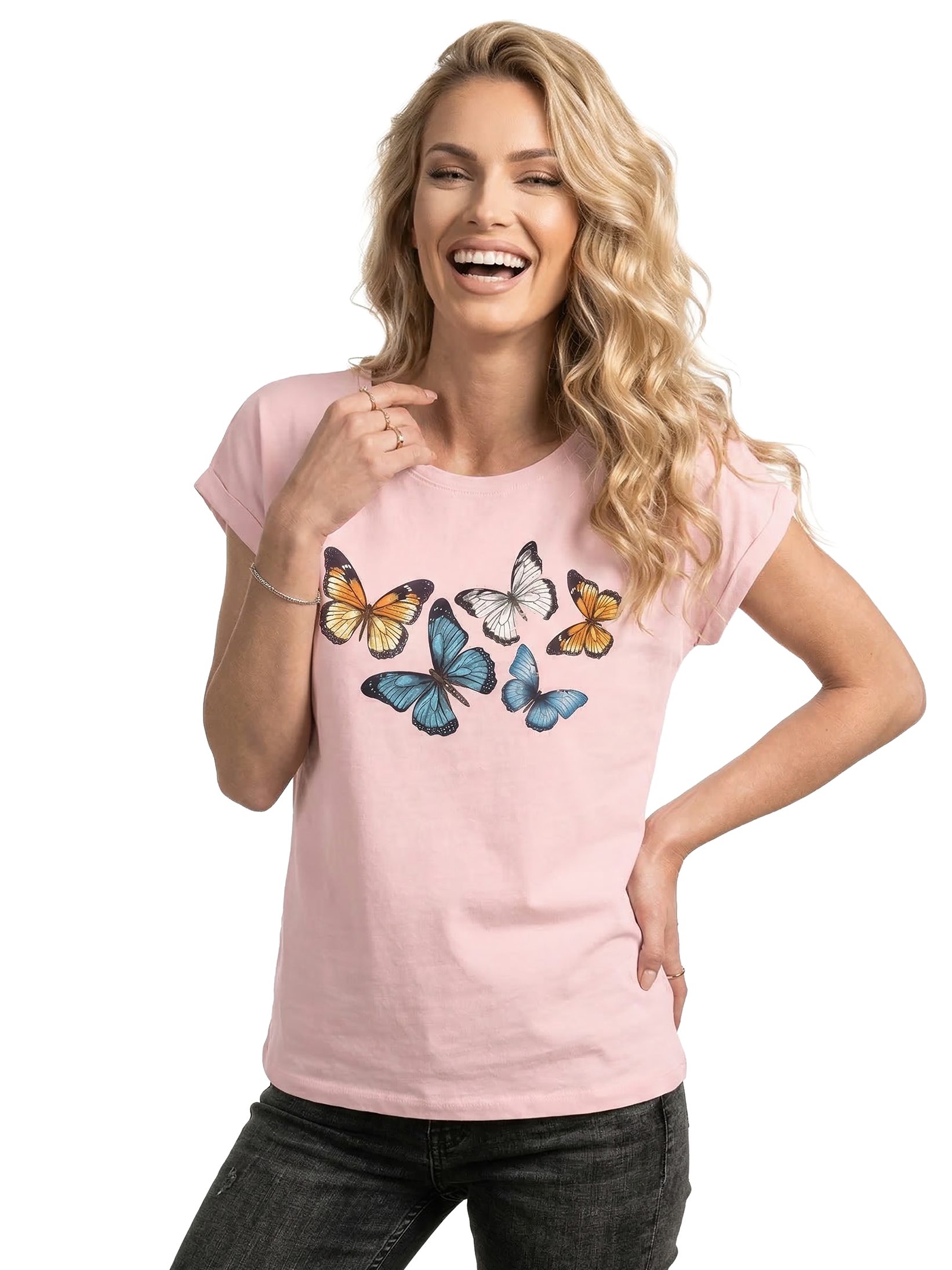 MAKAYA Print-Shirt Damen Kurzarm Baumwolle Schmetterling Butterfly Aufdruck Sommer Top große Größen
