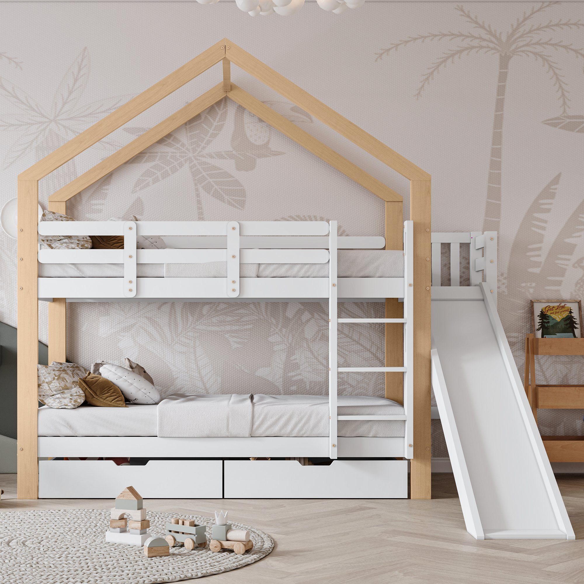 Etagenbett (Hausbett mit 2 Schubladen), Hochbett Kinderbett mit Lattenrost, Rutsche und Leiter, 90x200cm