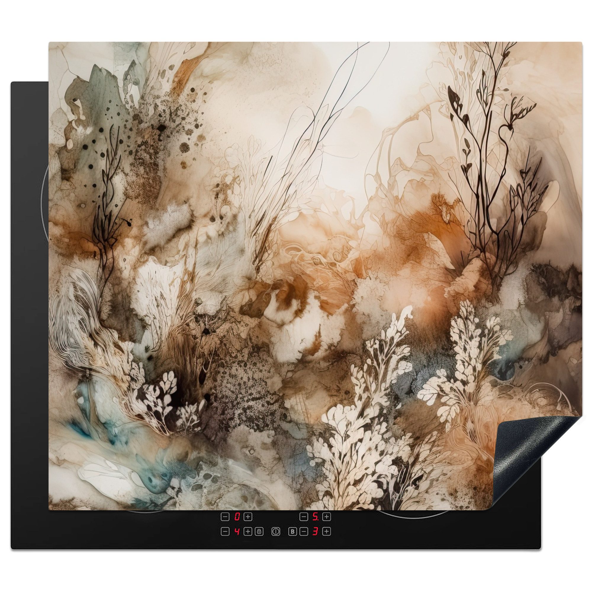 MuchoWow Herd-Abdeckplatte Beige - Abstrakt - Blumen, Vinyl, (1 tlg), Abdeckplatte für Induktionskochfeld, 57x51 cm