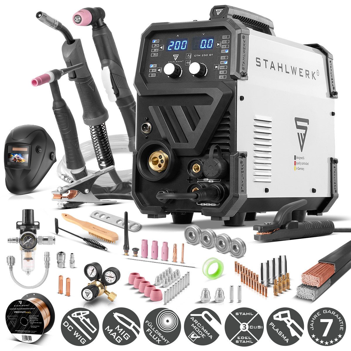 STAHLWERK Inverterschweißgerät CTM-250ST 6 in 1 Kombigerät - Vollausstattung, 10 - 200 A, Packung}, 28-tlg., Vollausstattung, Synergisches Kombi-Schweißgerät MIG + MAG + FLUX Fülldraht + DC WIG