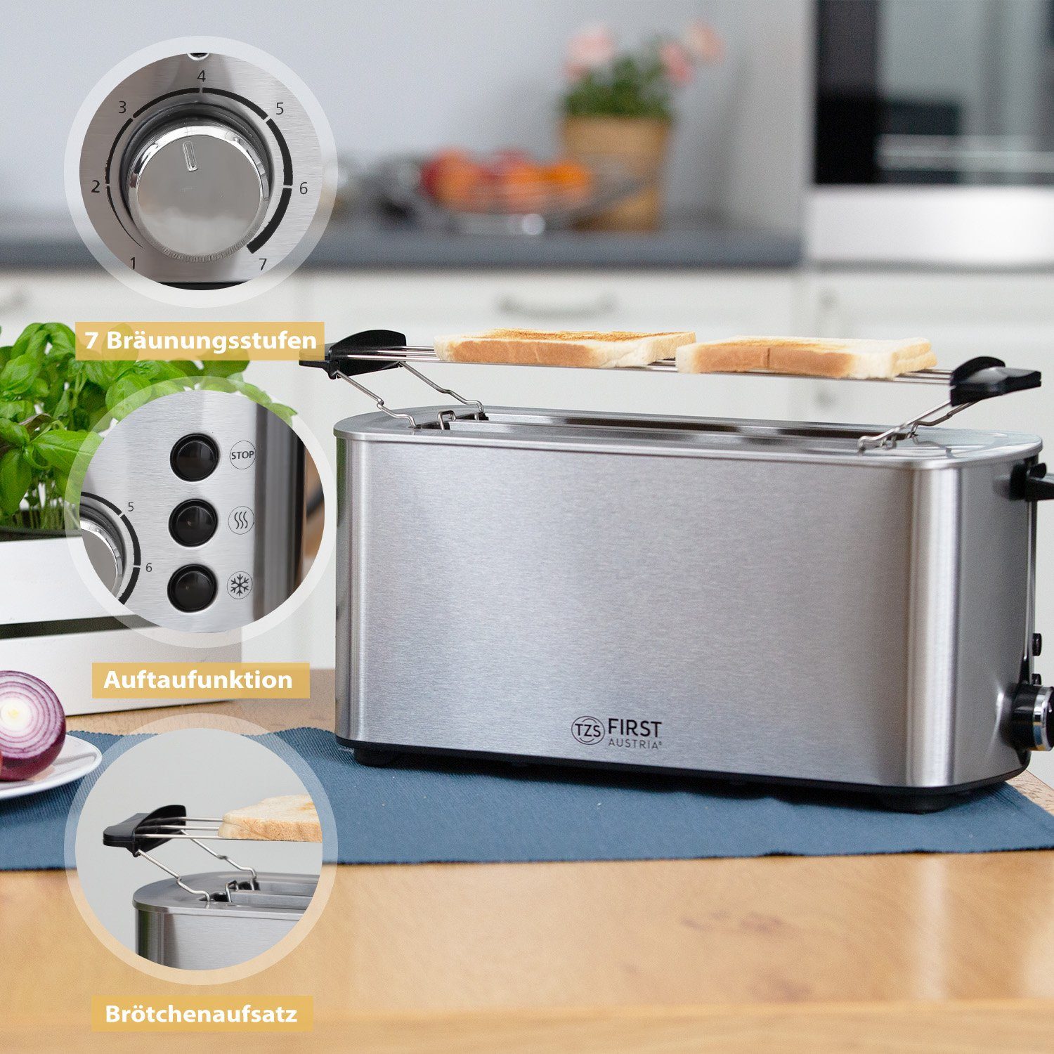 TZS FIRST AUSTRIA Toaster Langschlitz, Edelstahl, 4 Scheiben, 1400W, abnehmbare Brötchenaufsatz, für, 1400 W, Krümelschublade, Toast-Zentrierung, Anti-Fingerprint Beschichtung