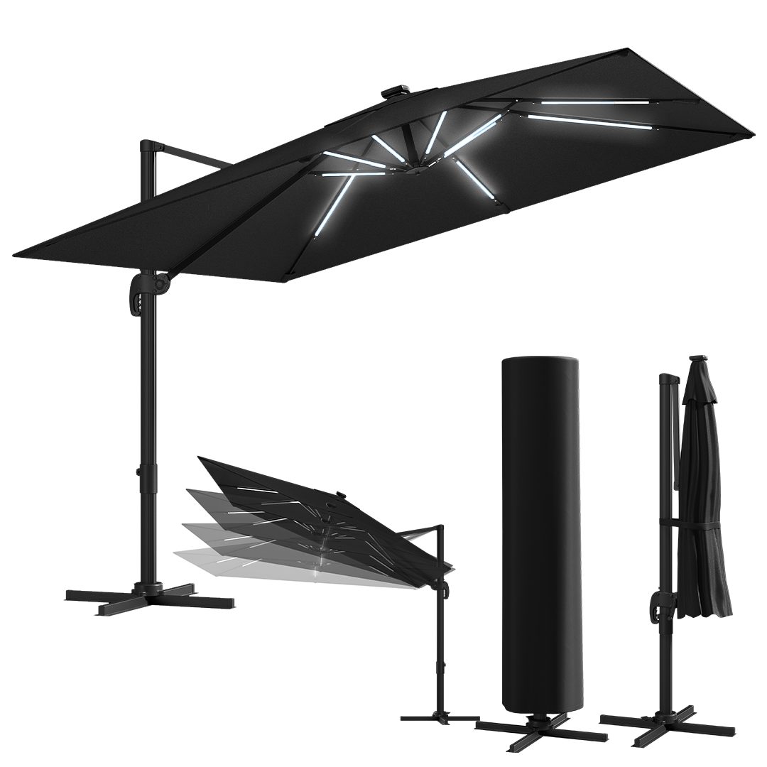 STEELSØN Sonnenschirm Lyrion, Gartenschirm UPF 50+ & wetterfest, LxB: 300x300 cm, Schwarz, drehbar & höhenverstellbar, inkl. Abdeckung, mit LED-Solar