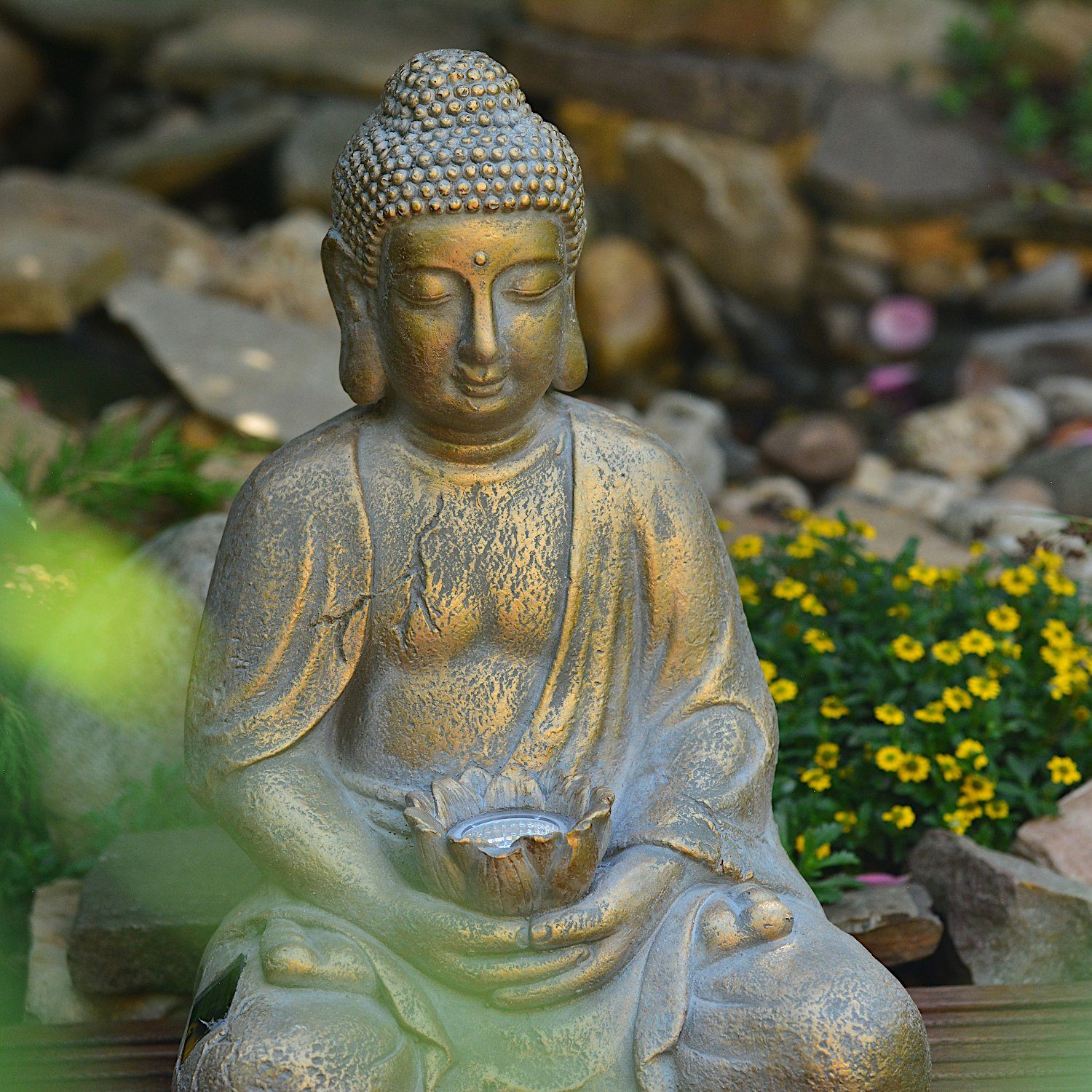 INtrenDU Gartenfigur Garten Buddha Figur mit Sensorautomatik Solarbeleuchtung Sensorautomatik, und 44cm