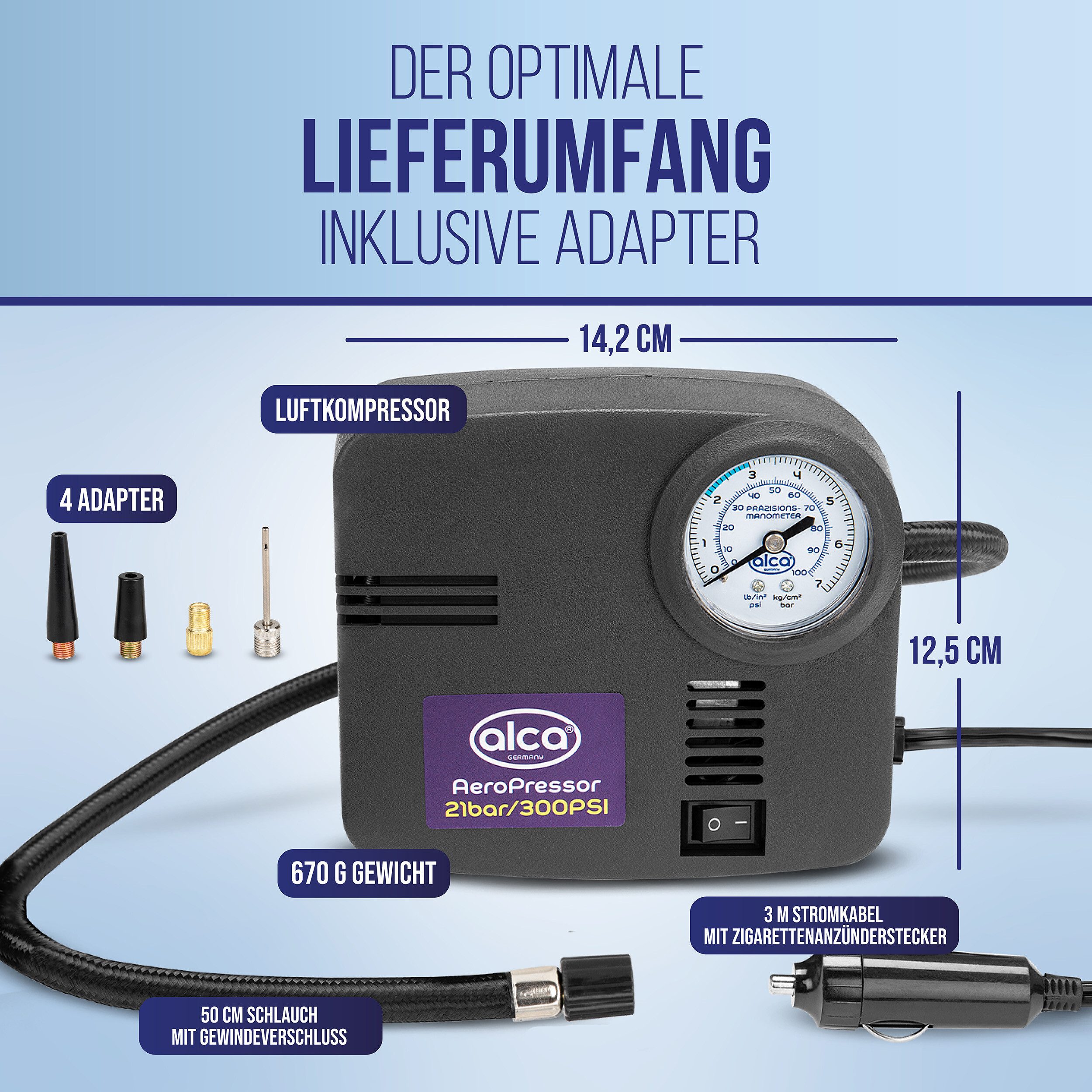 alca Kompressor Auto Kompressor mini 12V elektr. Luftpumpe 21 bar Zigarettenanzünder, 144 W, max. 7 bar, 1-tlg.